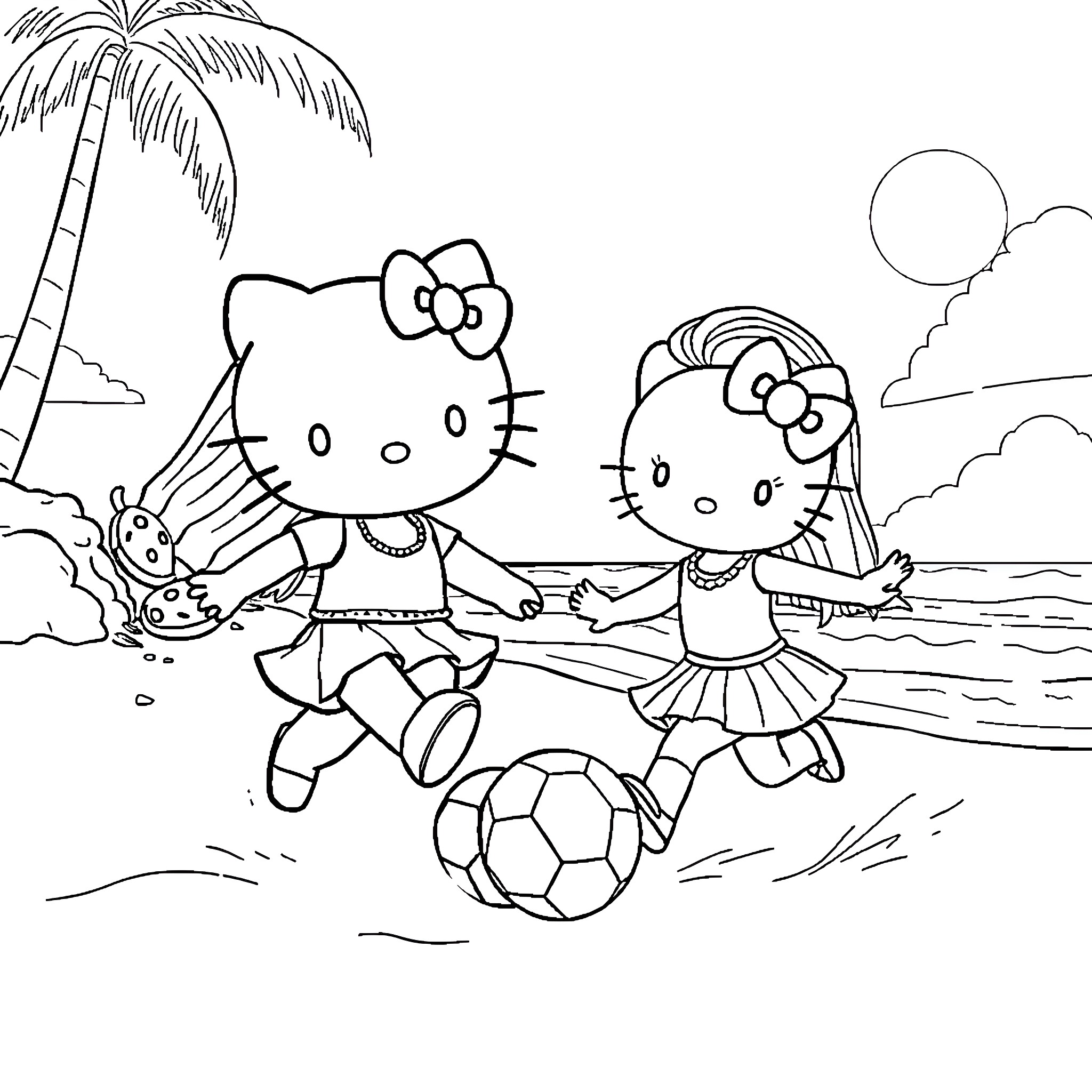 Hello Kitty friends playing soccer on the beach Coloring Page (free black-and-white line drawing printable PDF for all, from beginners to advanced learners, including children, teens, adults, and seniors)