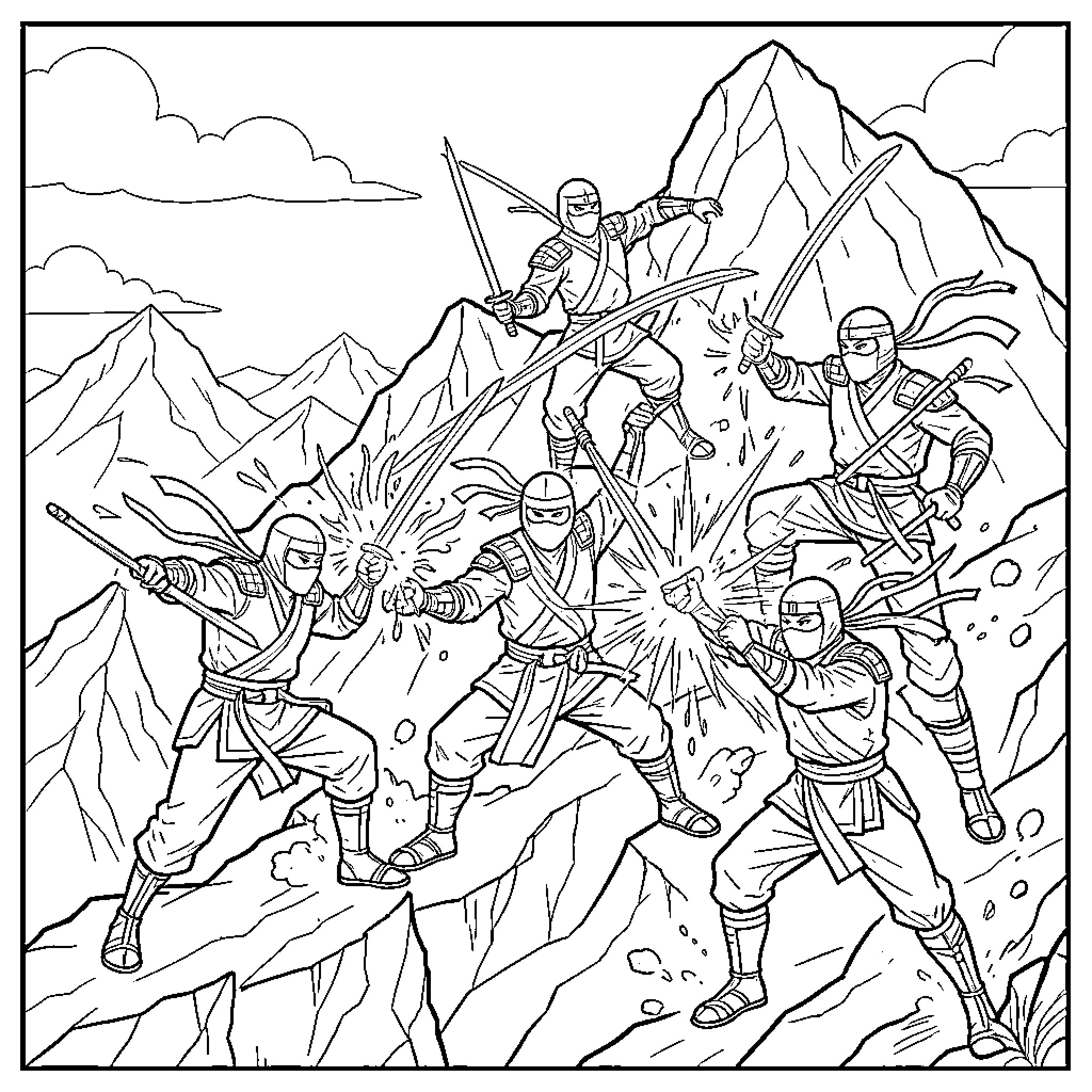 Ninja warriors engaged in a fierce battle Coloring Page (free black-and-white line drawing printable PDF for all, from beginners to advanced learners, including children, teens, adults, and seniors)