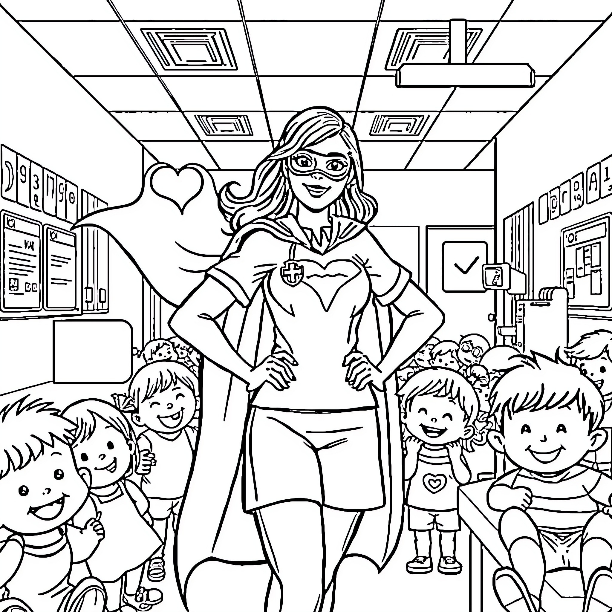 Nurse Caring for Patients in the Clinic Coloring Page (free black-and-white line drawing printable PDF for all, from beginners to advanced learners, including children, teens, adults, and seniors)