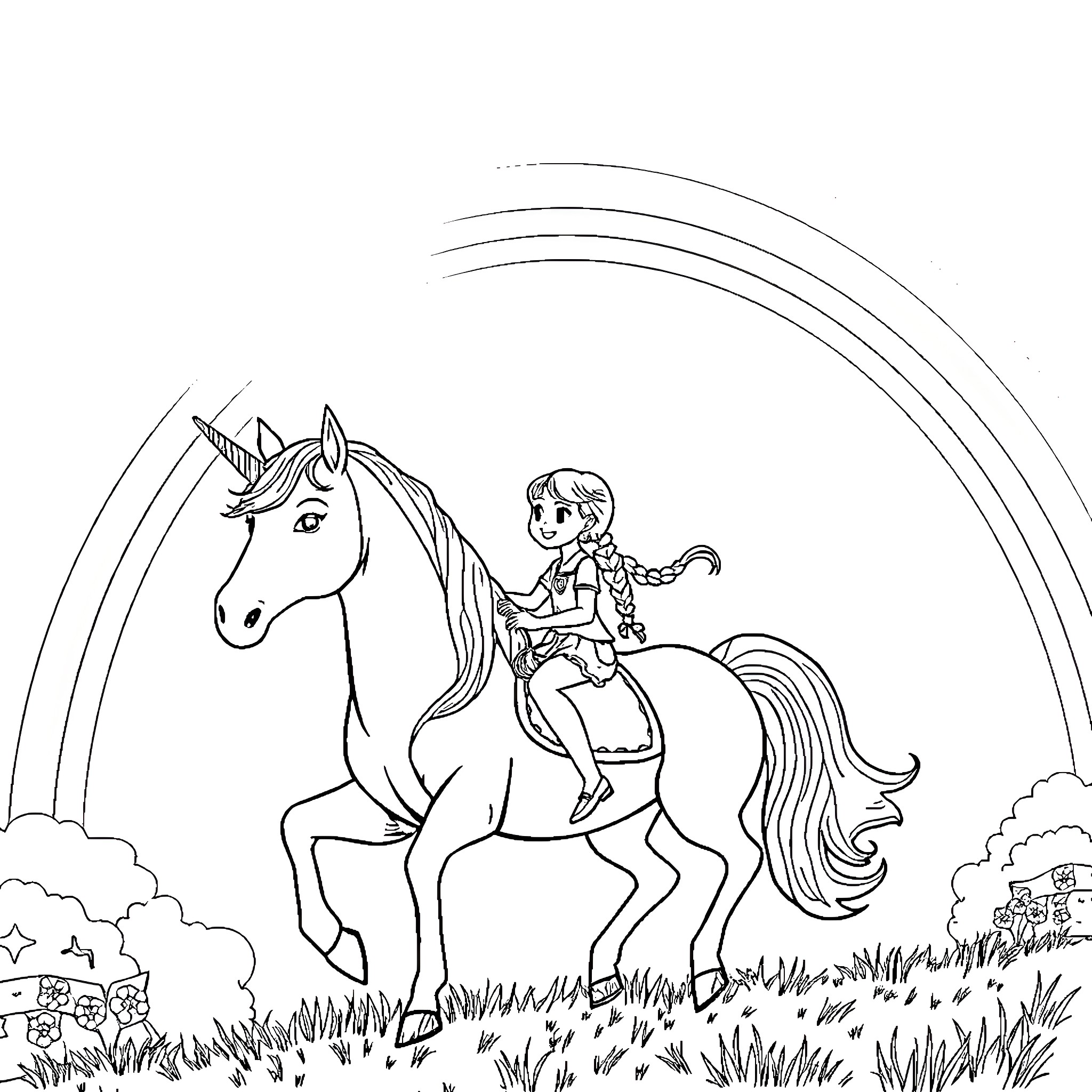 Girl riding a majestic unicorn in the meadow Coloring Page (free black-and-white line drawing printable PDF for all, from beginners to advanced learners, including children, teens, adults, and seniors)