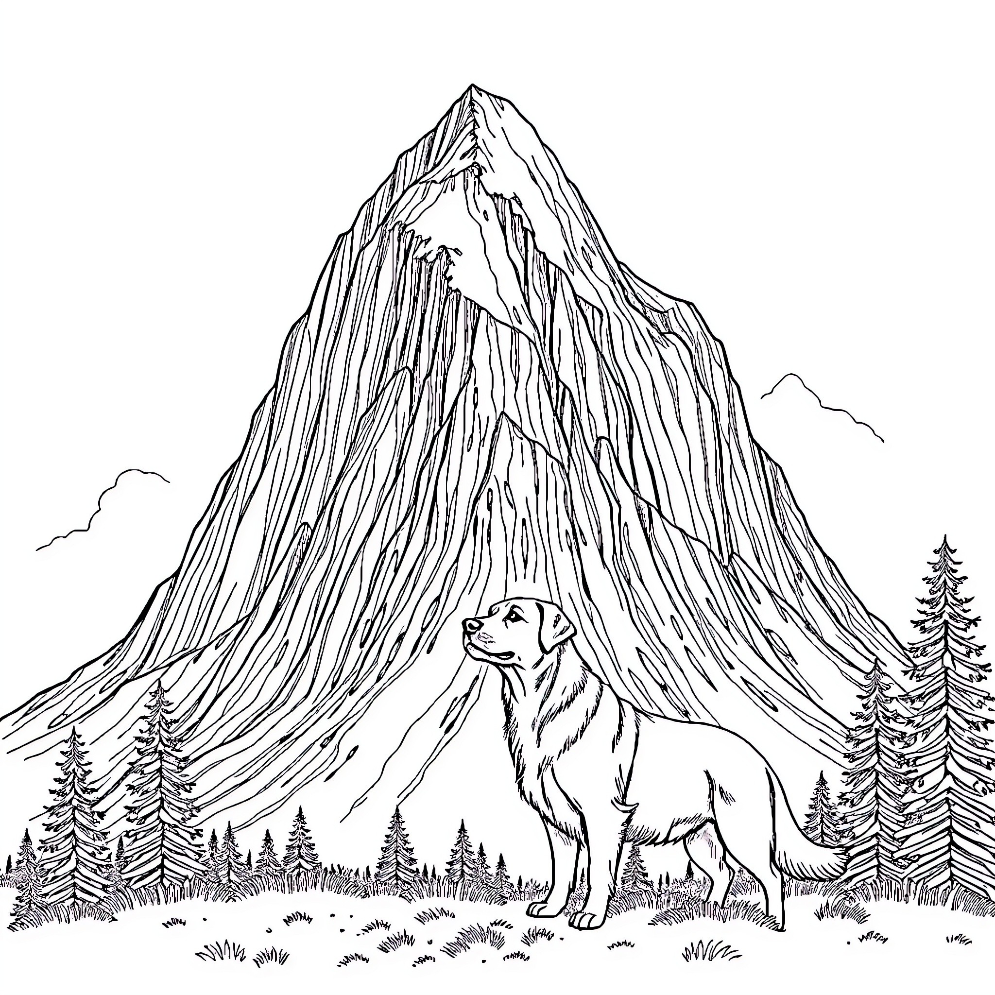Mountain adventure with majestic peaks and wildlife Coloring Page (free black-and-white line drawing printable PDF for all, from beginners to advanced learners, including children, teens, adults, and seniors)