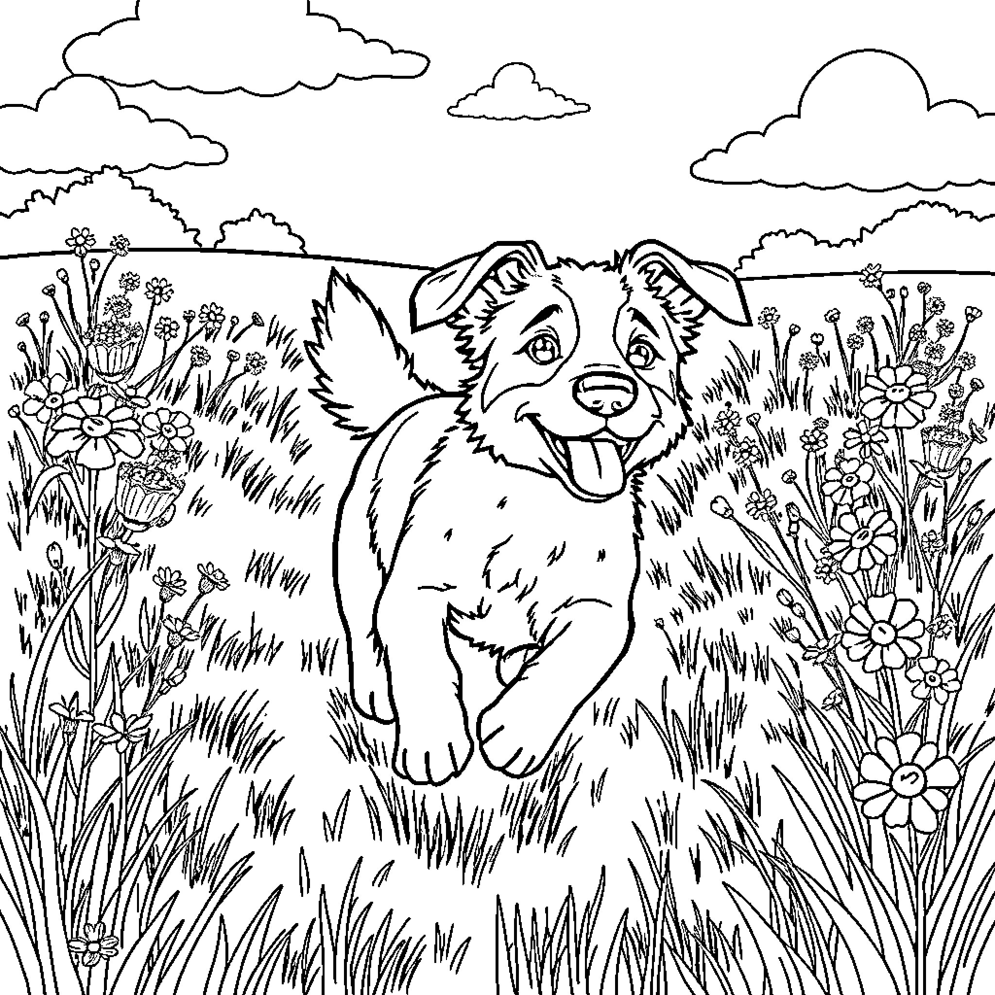 Dog playing happily in a field of flowers Coloring Page (free black-and-white line drawing printable PDF for all, from beginners to advanced learners, including children, teens, adults, and seniors)