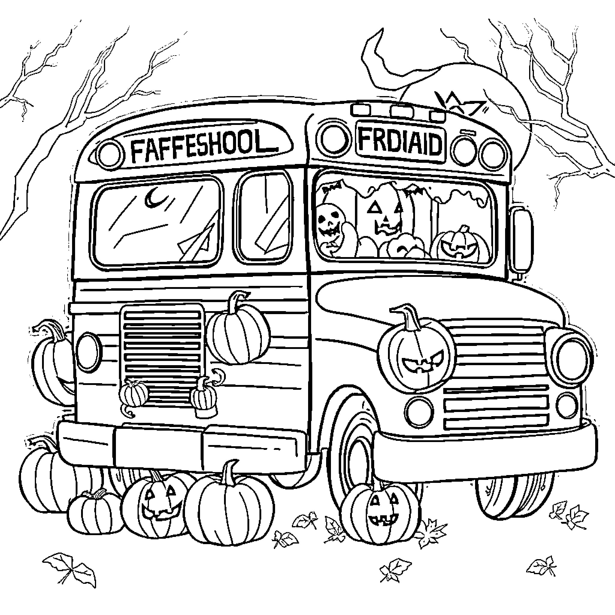 Bus carrying children to Halloween festival Coloring Page (free black-and-white line drawing printable PDF for all, from beginners to advanced learners, including children, teens, adults, and seniors)