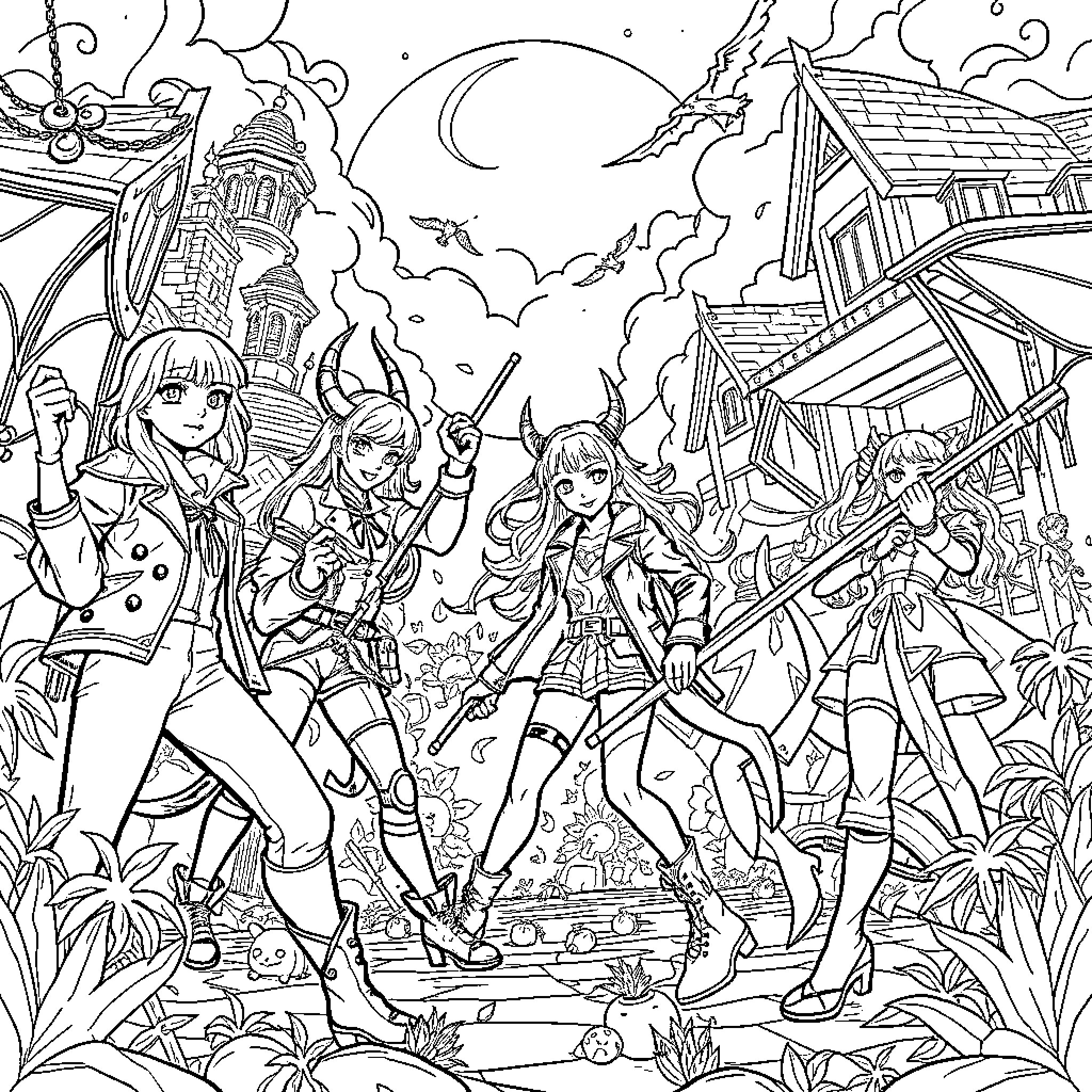Demon Hunter Girls in Fantasy Village Coloring Page (free black-and-white line drawing printable PDF for all, from beginners to advanced learners, including children, teens, adults, and seniors)