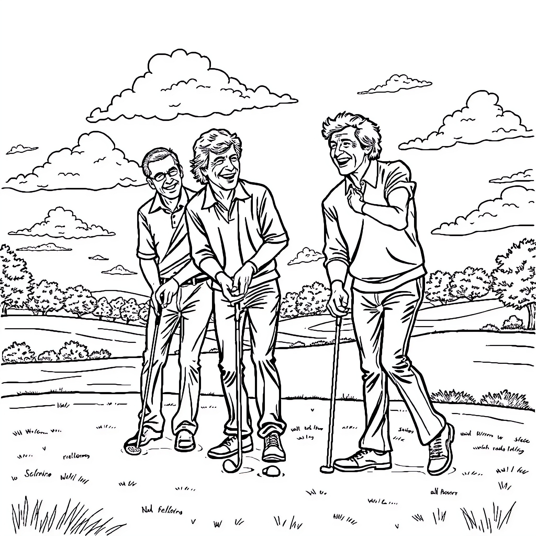 Rolling Stones Members Laughing and Posing Outdoors Coloring Page (free black-and-white line drawing printable PDF for all, from beginners to advanced learners, including children, teens, adults, and seniors)