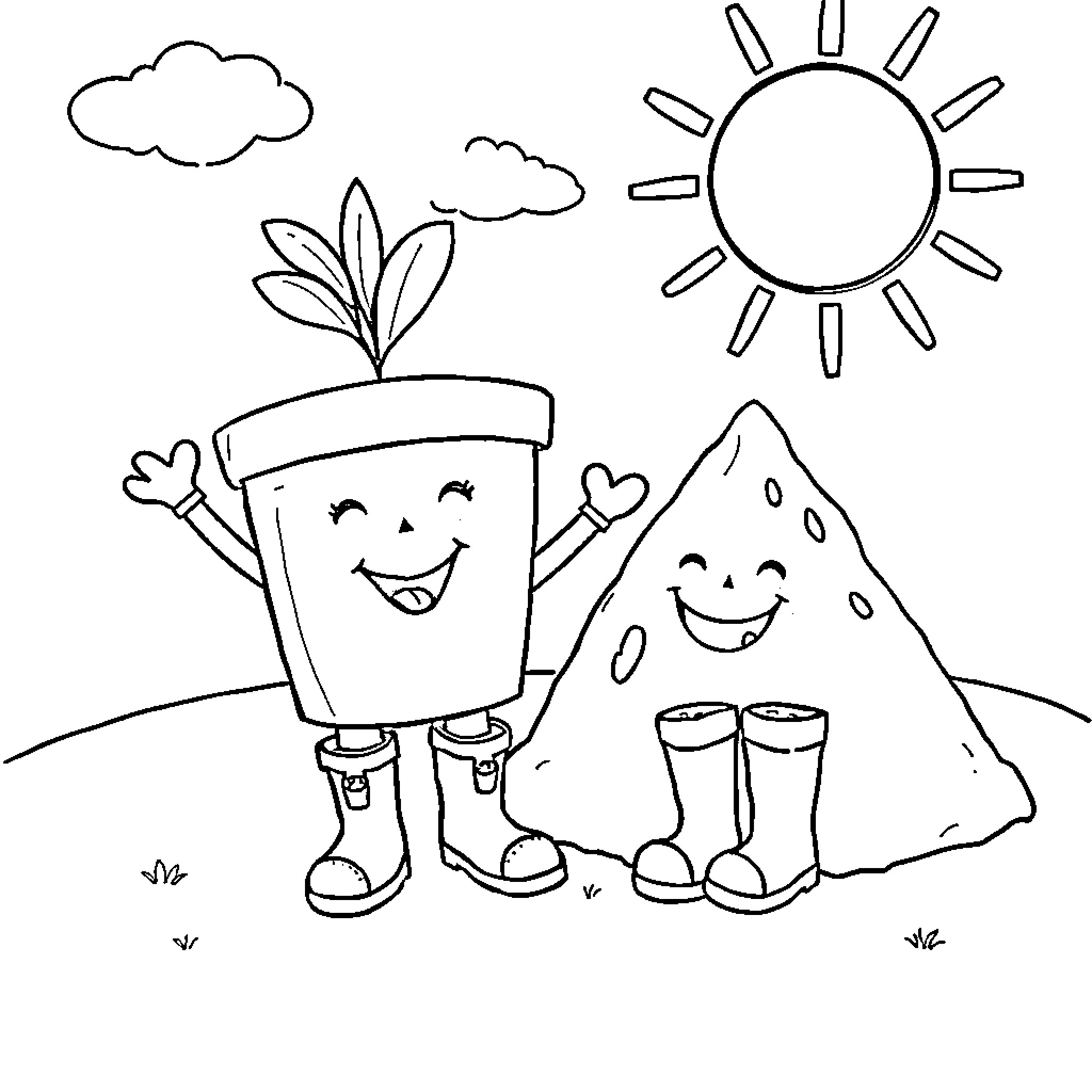 Pot characters enjoying a sunny day outdoors Coloring Page (free black-and-white line drawing printable PDF for all, from beginners to advanced learners, including children, teens, adults, and seniors)