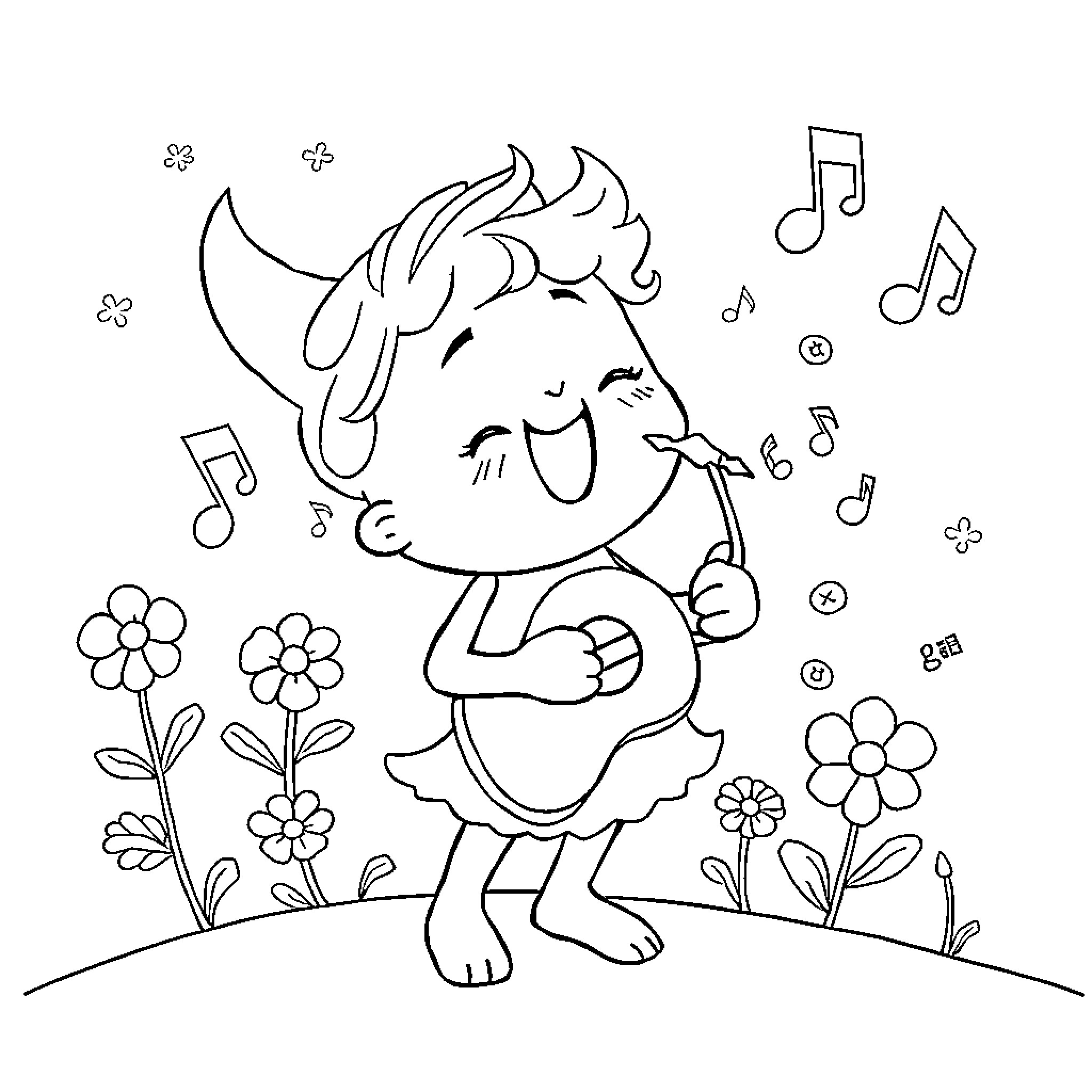 Tralalero Singing Creature Frolicking in Flowery Field Coloring Page (free black-and-white line drawing printable PDF for all, from beginners to advanced learners, including children, teens, adults, and seniors)