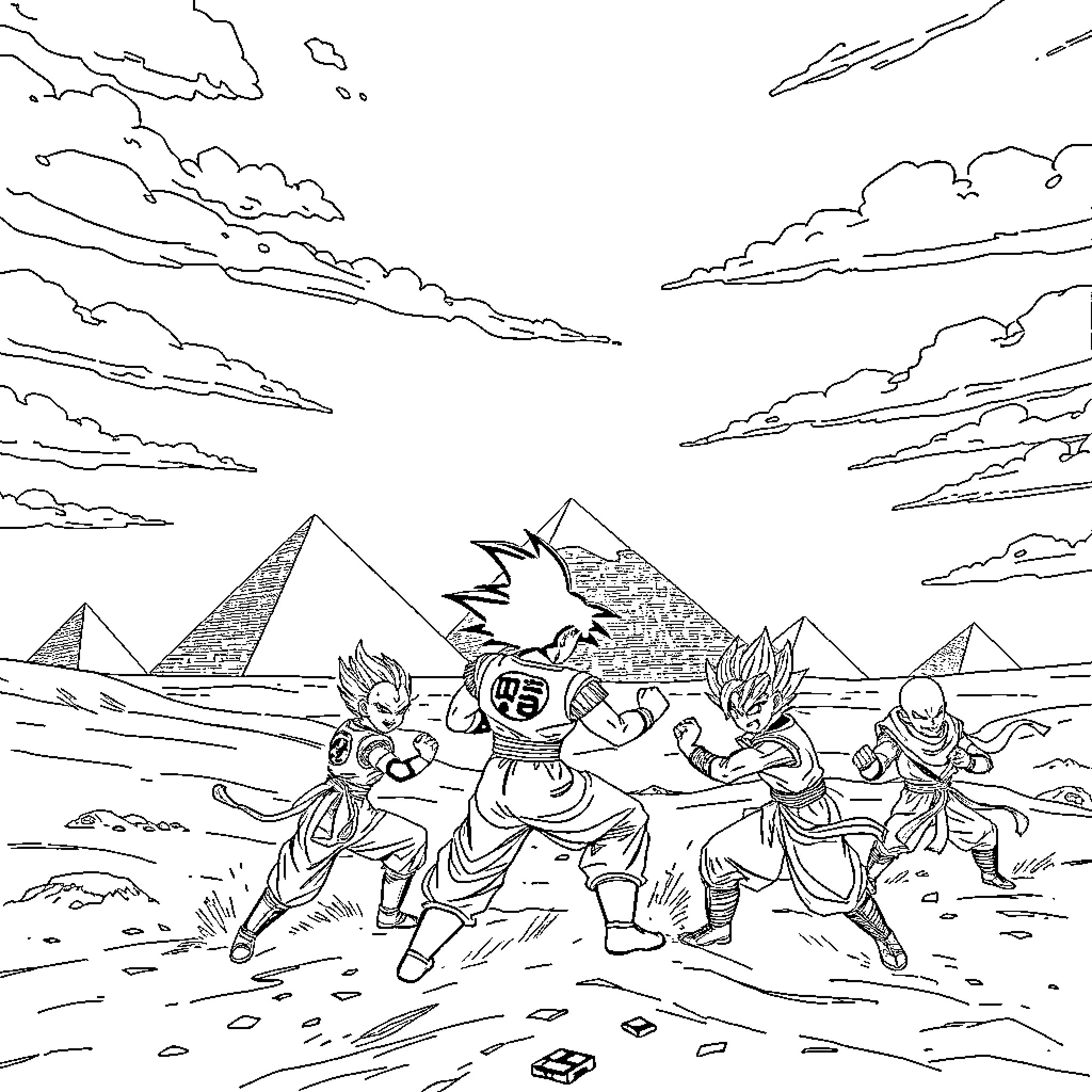 Dragon Ball Characters Battling in Ancient Egyptian Landscape Coloring Page (free black-and-white line drawing printable PDF for all, from beginners to advanced learners, including children, teens, adults, and seniors)