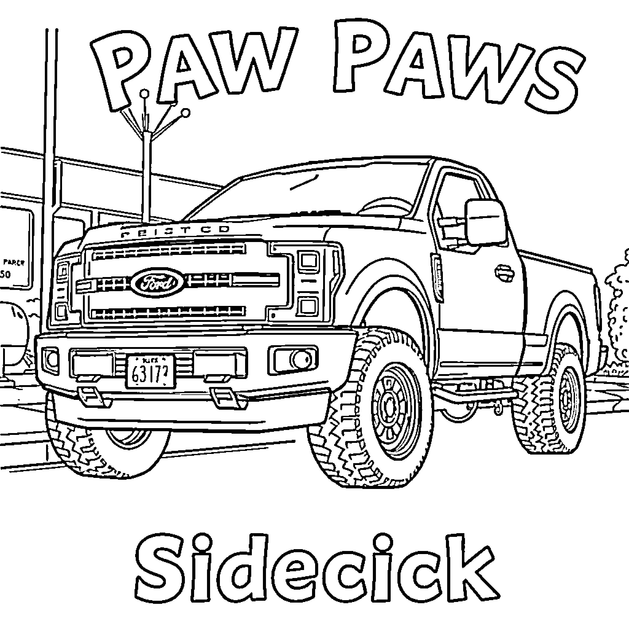 Truck with large tires parked in front of 'Paw Paws' sign Coloring Page (free black-and-white line drawing printable PDF for all, from beginners to advanced learners, including children, teens, adults, and seniors)