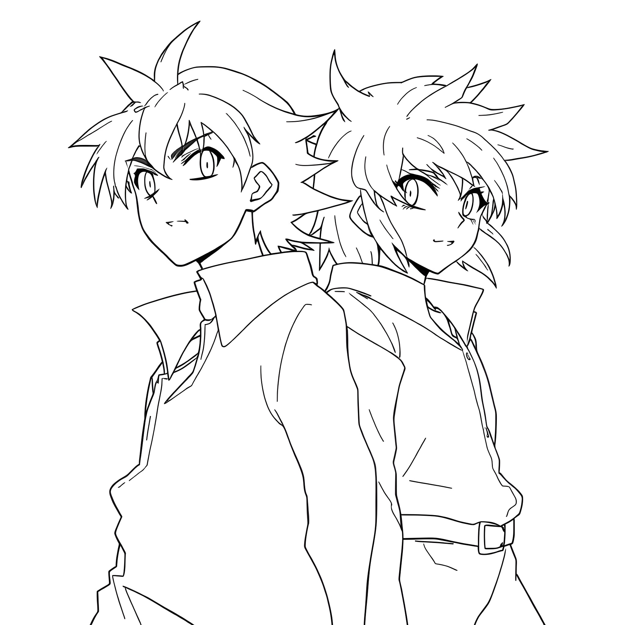 Anime duo in casual outfits with expressive faces Coloring Page (free black-and-white line drawing printable PDF for all, from beginners to advanced learners, including children, teens, adults, and seniors)