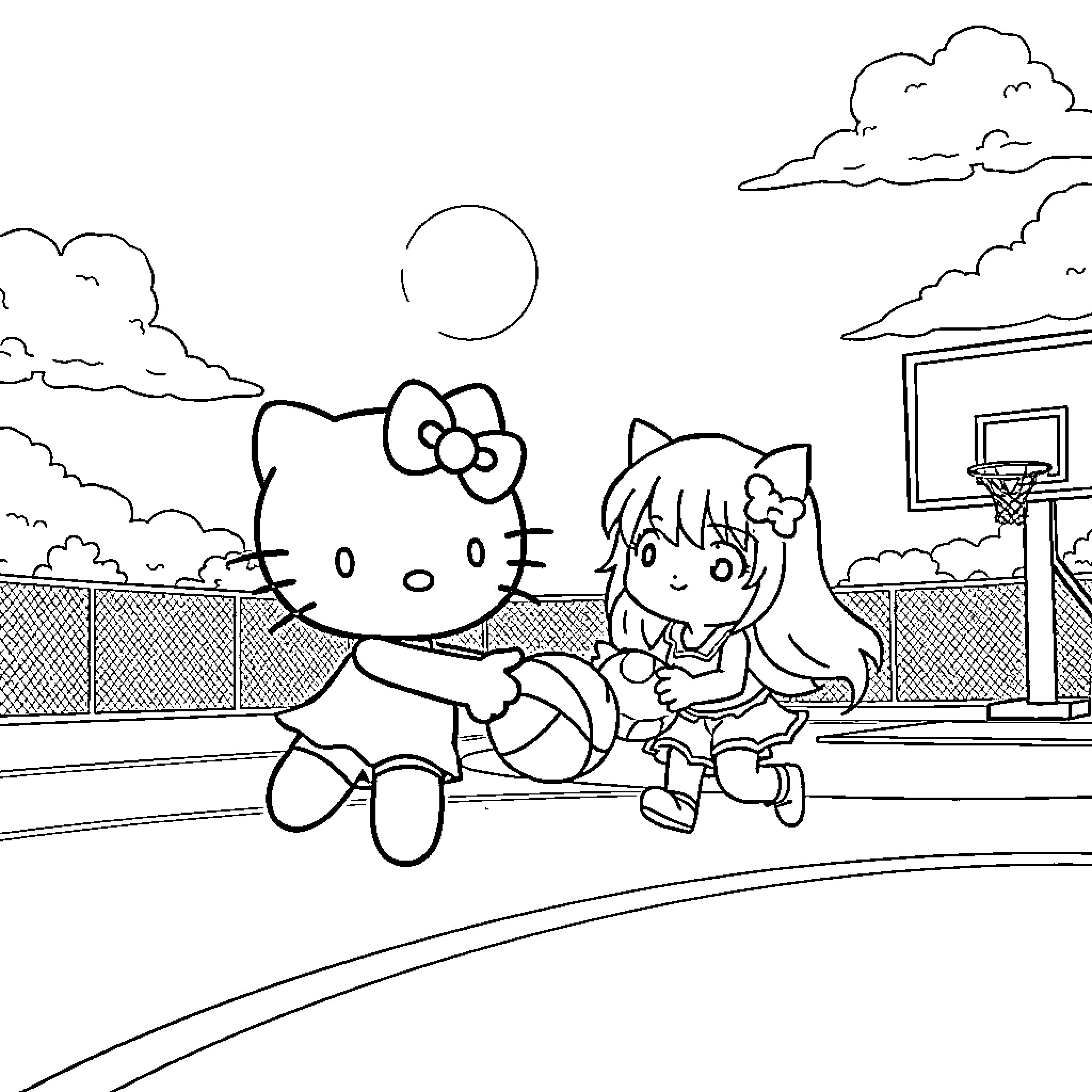 Hello Kitty and Anime Girl Playing on Outdoor Basketball Court Coloring Page (free black-and-white line drawing printable PDF for all, from beginners to advanced learners, including children, teens, adults, and seniors)