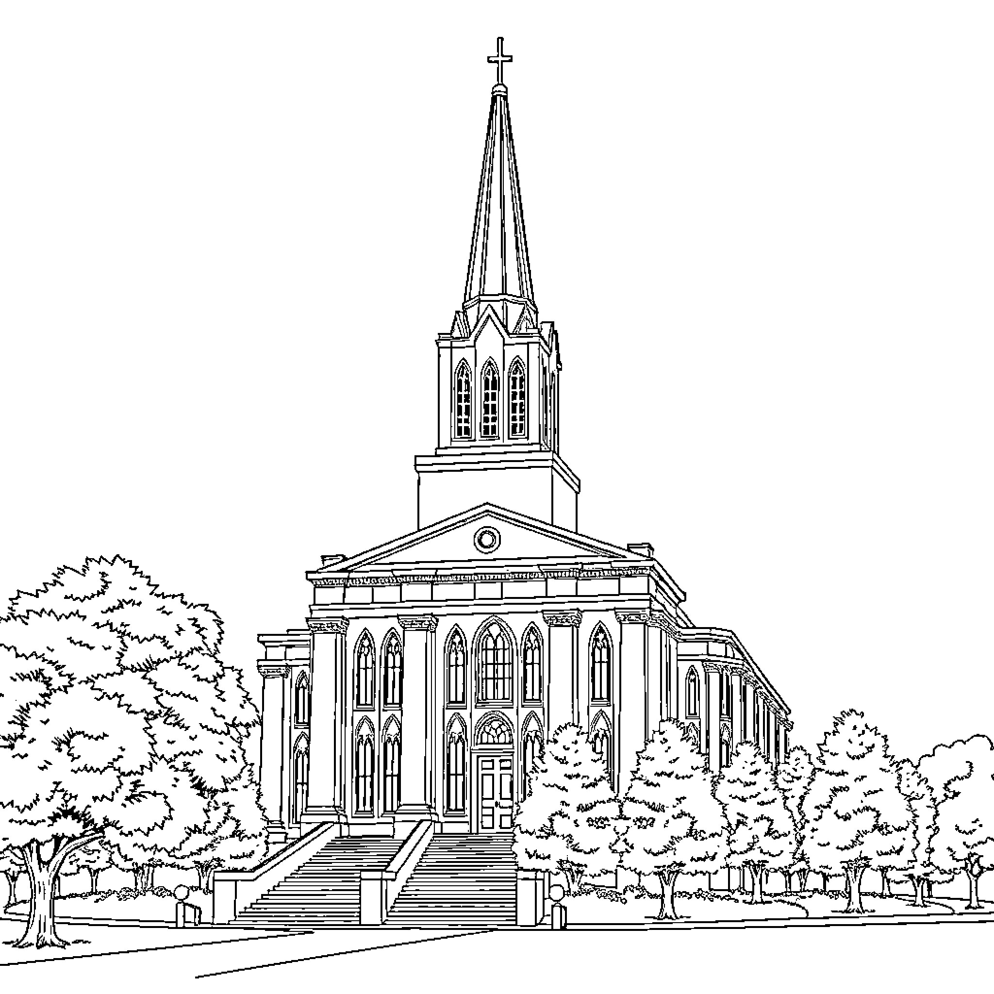 Nauvoo Temple: Architectural Magnificence Amid Greenery Coloring Page (free black-and-white line drawing printable PDF for all, from beginners to advanced learners, including children, teens, adults, and seniors)