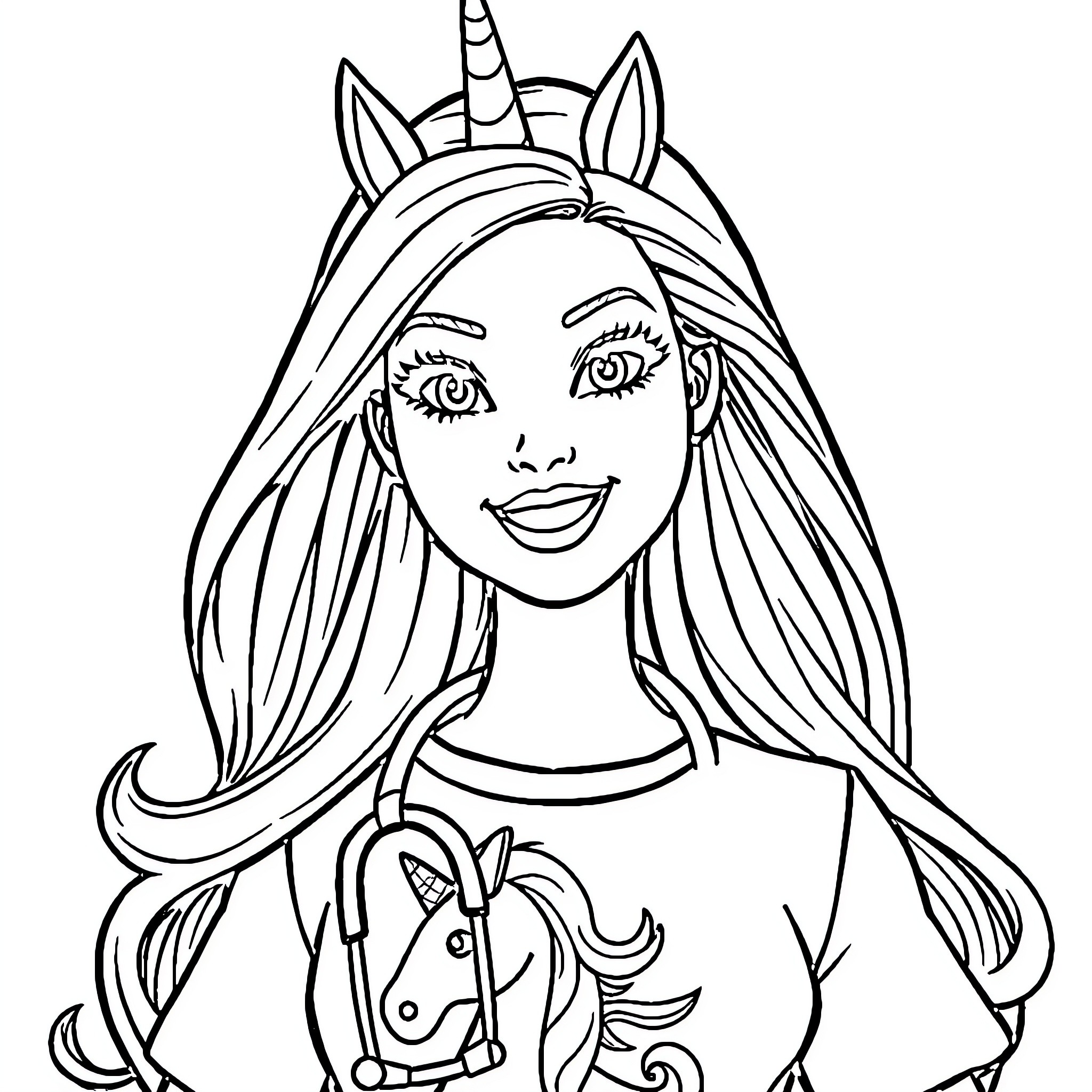 Barbie Unicorn Doll with Whimsical Outfit Coloring Page (free black-and-white line drawing printable PDF for all, from beginners to advanced learners, including children, teens, adults, and seniors)