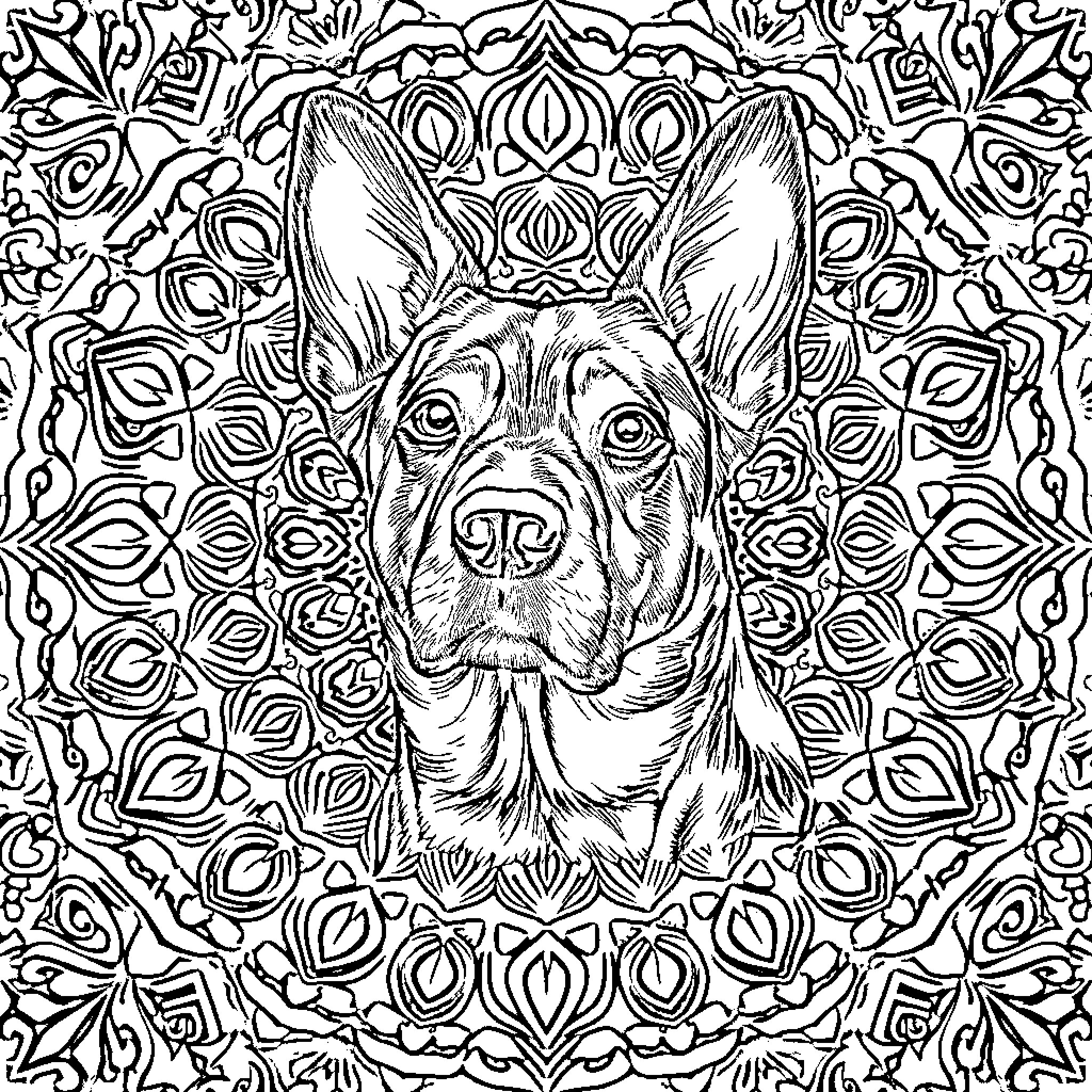 Beauceron dog surrounded by intricate floral patterns Coloring Page (free black-and-white line drawing printable PDF for all, from beginners to advanced learners, including children, teens, adults, and seniors)