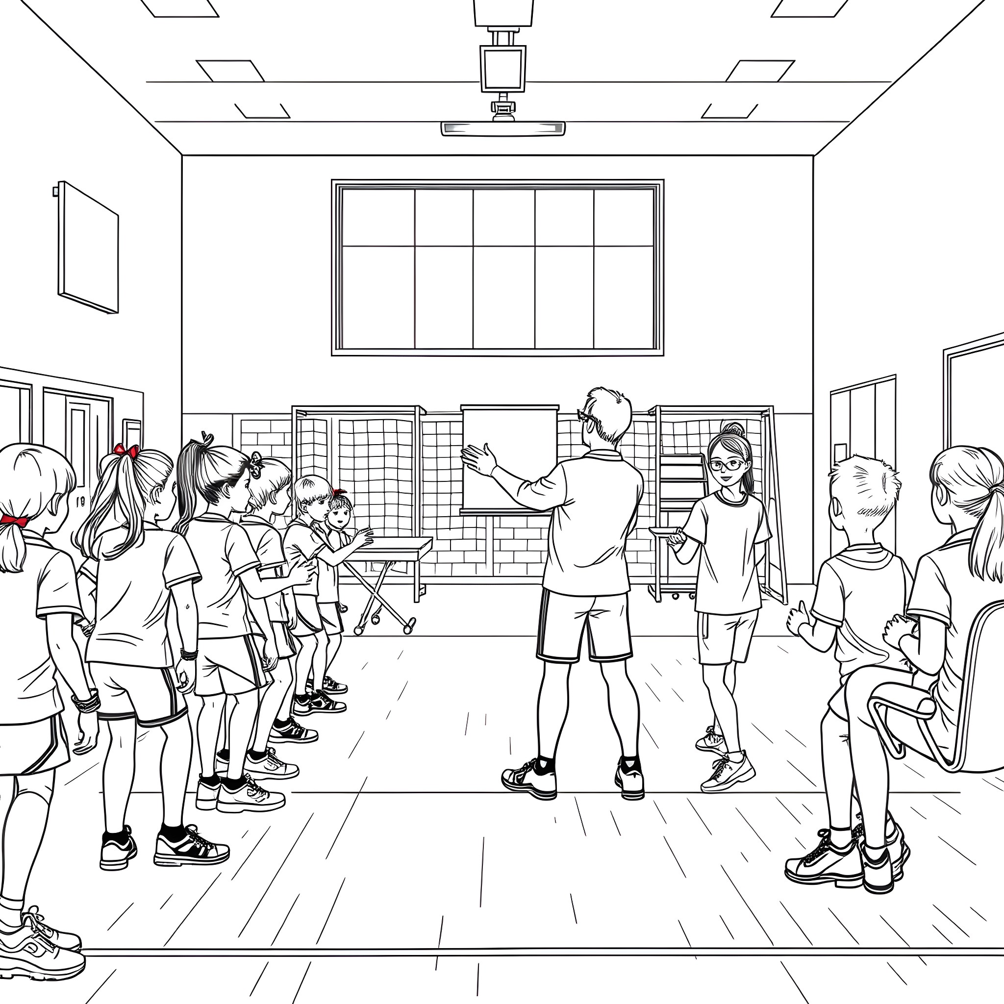 Teacher leading an engaged classroom of students Coloring Page (free black-and-white line drawing printable PDF for all, from beginners to advanced learners, including children, teens, adults, and seniors)