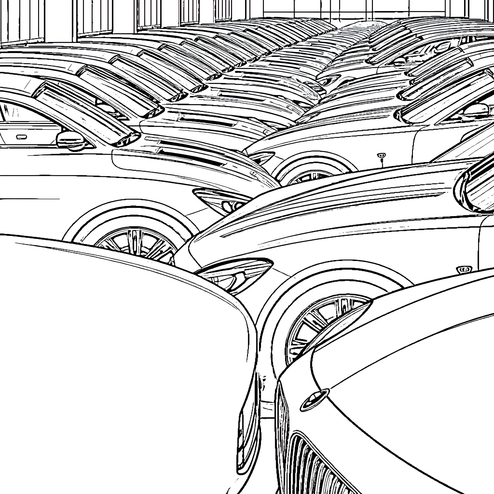 Car showroom with rows of parked vehicles Coloring Page (free black-and-white line drawing printable PDF for all, from beginners to advanced learners, including children, teens, adults, and seniors)