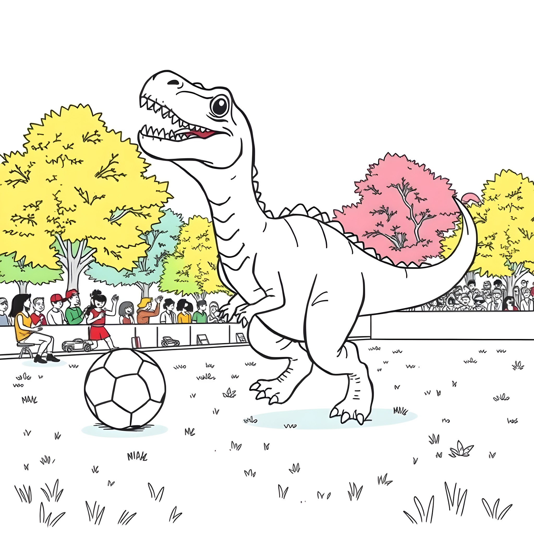 Dinosaur playing with a soccer ball in a park Coloring Page (free black-and-white line drawing printable PDF for all, from beginners to advanced learners, including children, teens, adults, and seniors)