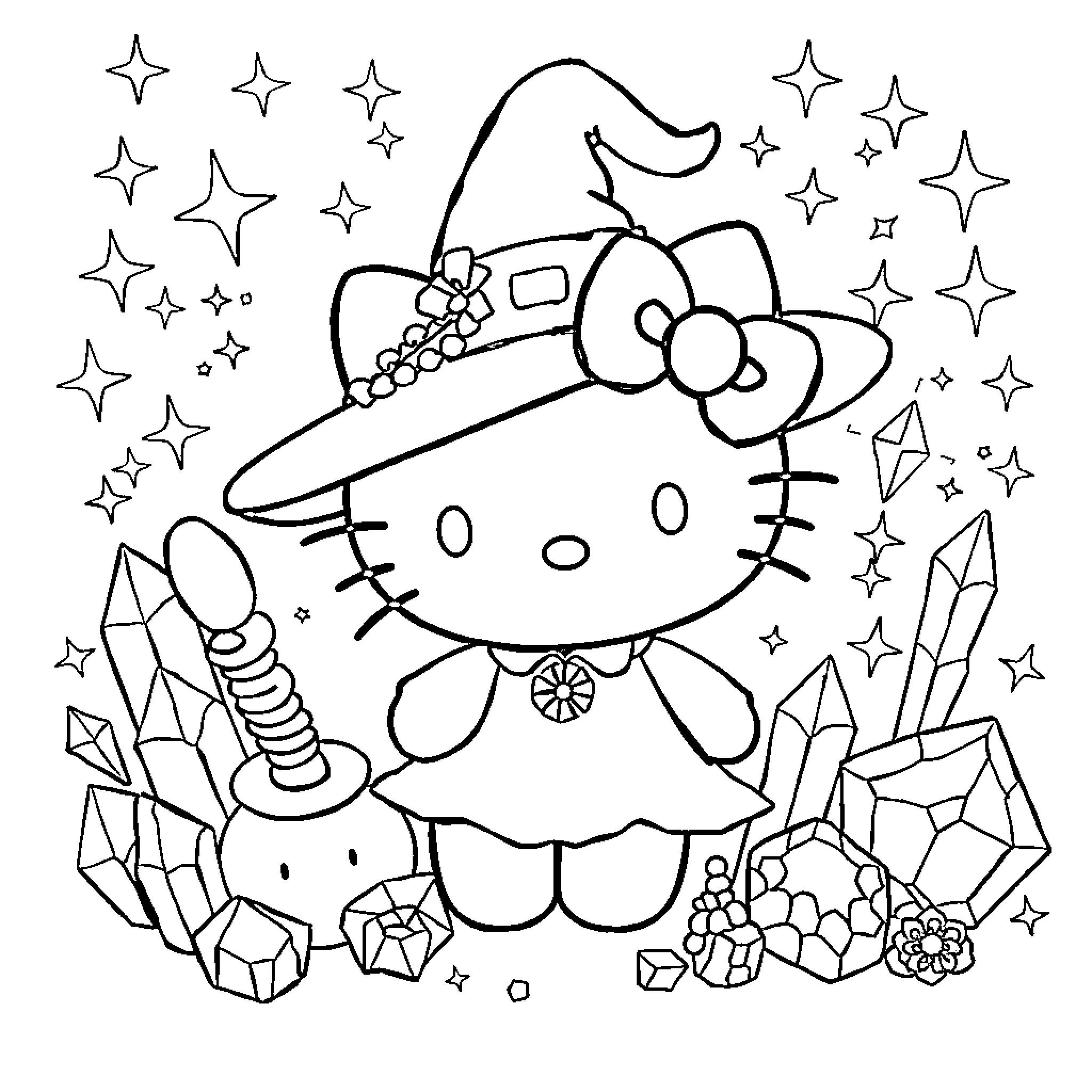 Hello Kitty's Magical Wonderland Adventure Coloring Page (free black-and-white line drawing printable PDF for all, from beginners to advanced learners, including children, teens, adults, and seniors)