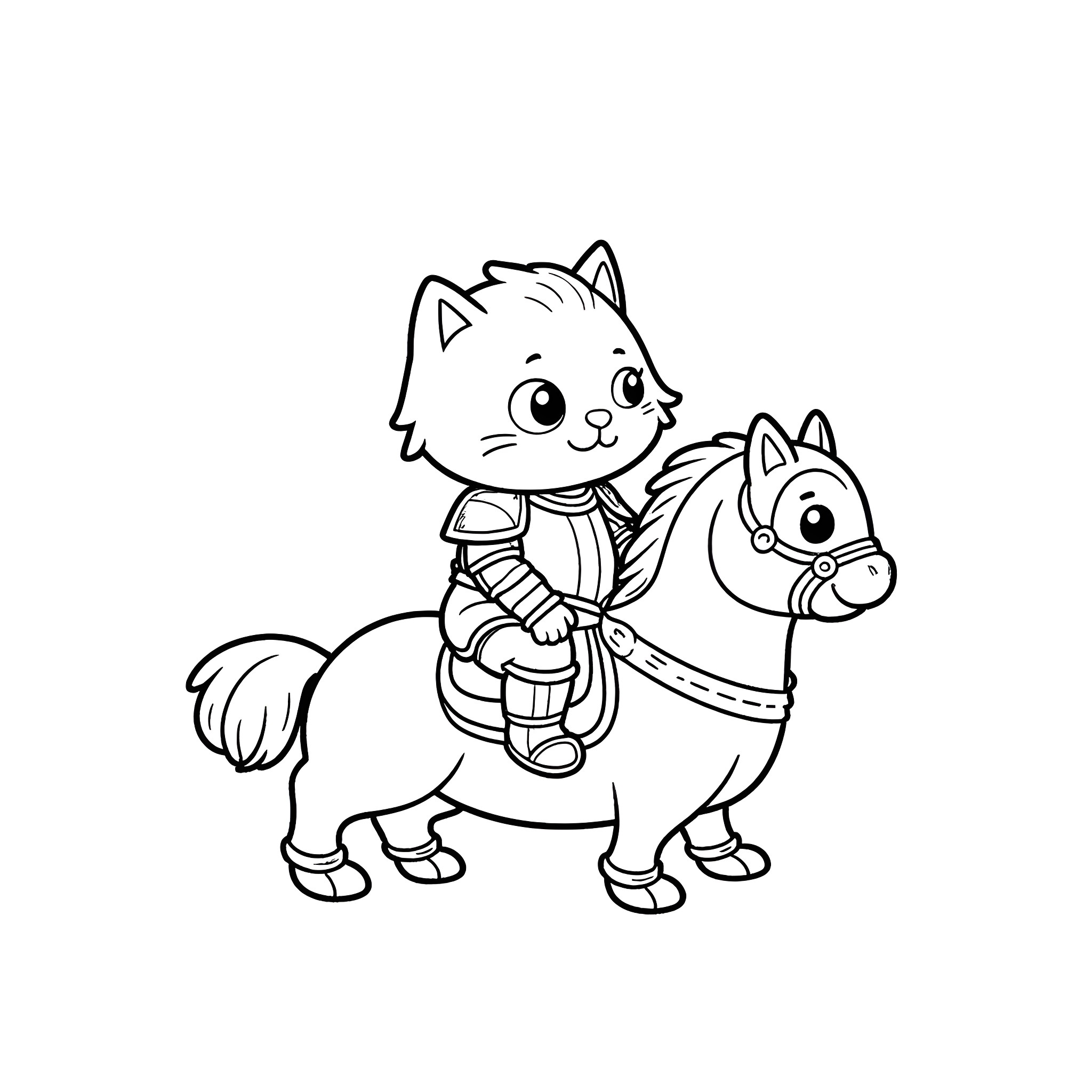 Cat riding a pony happily Coloring Page (free black-and-white line drawing printable PDF for all, from beginners to advanced learners, including children, teens, adults, and seniors)