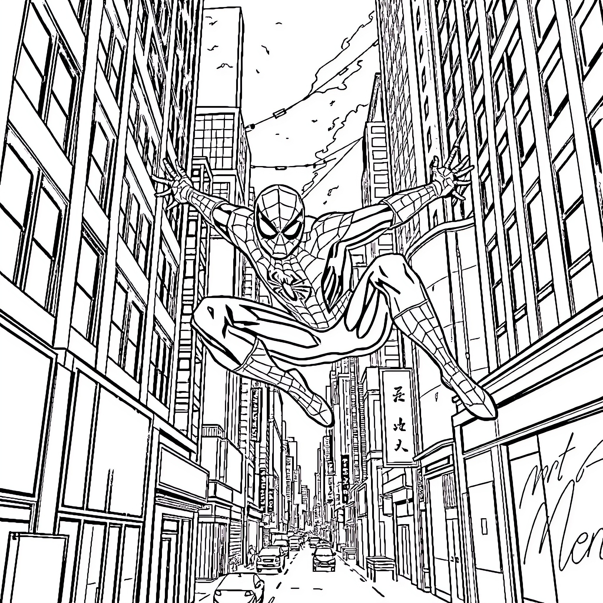 Spiderman swinging through the city streets Coloring Page (free black-and-white line drawing printable PDF for all, from beginners to advanced learners, including children, teens, adults, and seniors)