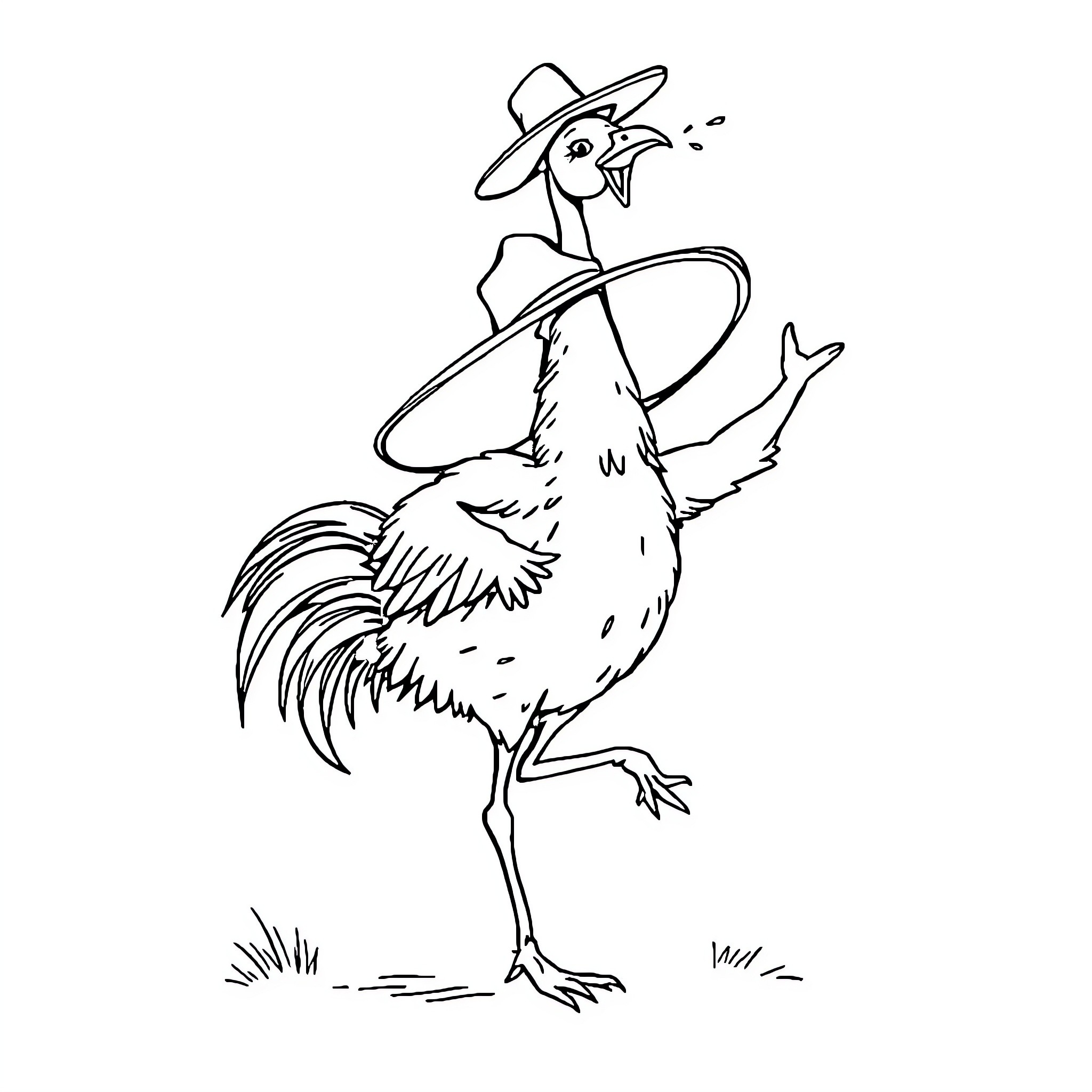 Stork dressed in cowboy hat and boots Coloring Page (free black-and-white line drawing printable PDF for all, from beginners to advanced learners, including children, teens, adults, and seniors)