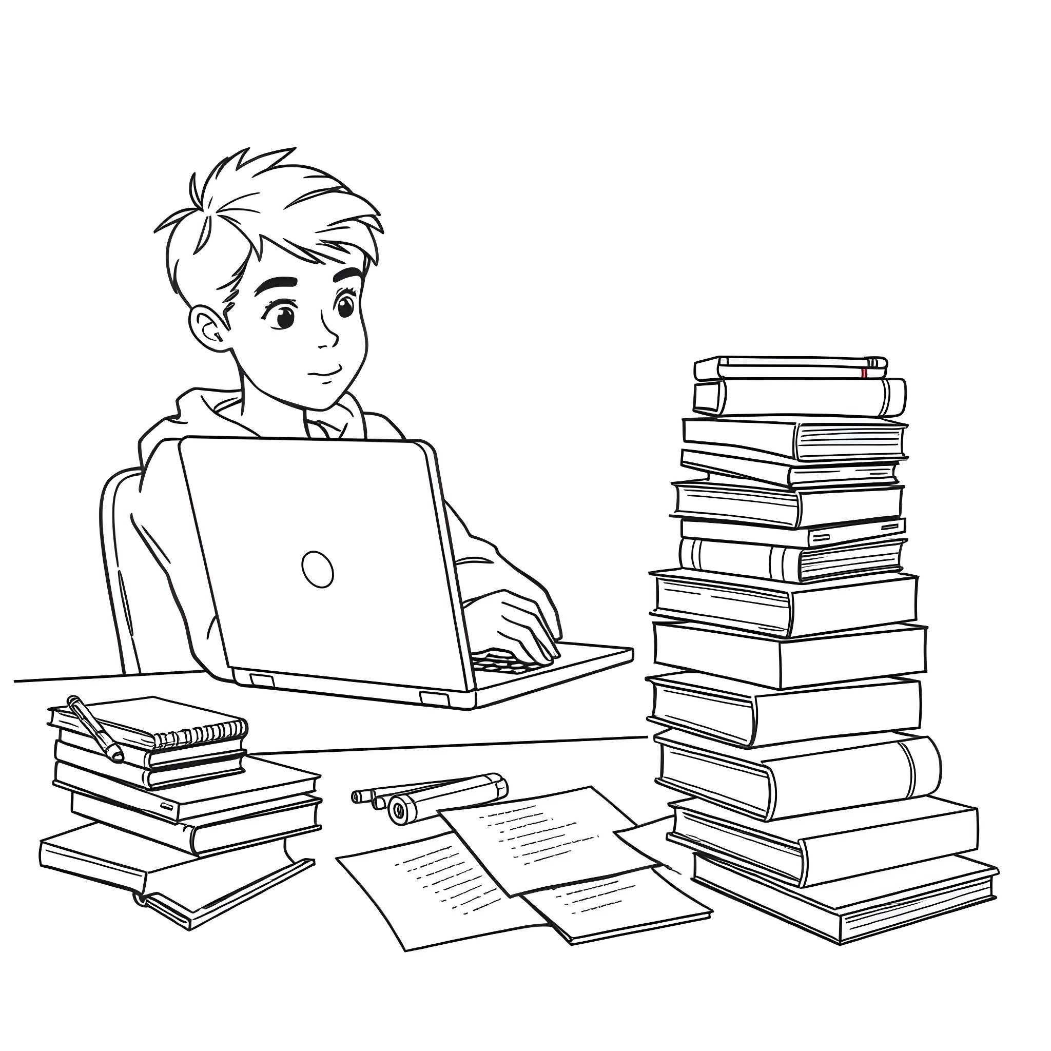 Student working diligently on laptop with books Coloring Page (free black-and-white line drawing printable PDF for all, from beginners to advanced learners, including children, teens, adults, and seniors)