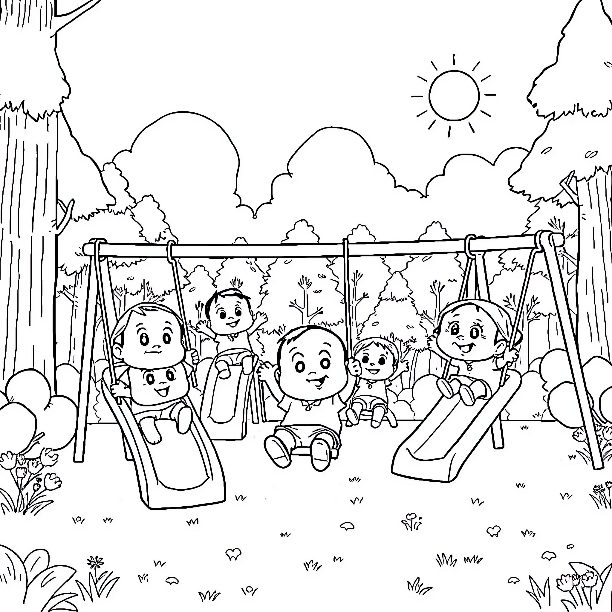 Shinchan and friends playing on the playground Coloring Page (free black-and-white line drawing printable PDF for all, from beginners to advanced learners, including children, teens, adults, and seniors)