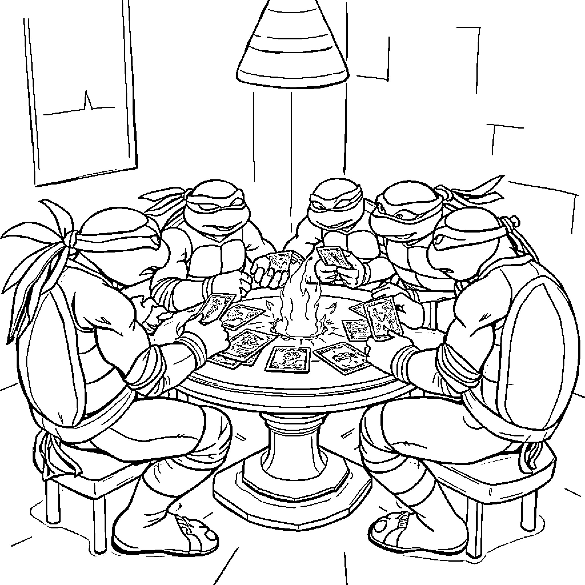 Teenage Mutant Ninja Turtles enjoying a meal together Coloring Page (free black-and-white line drawing printable PDF for all, from beginners to advanced learners, including children, teens, adults, and seniors)