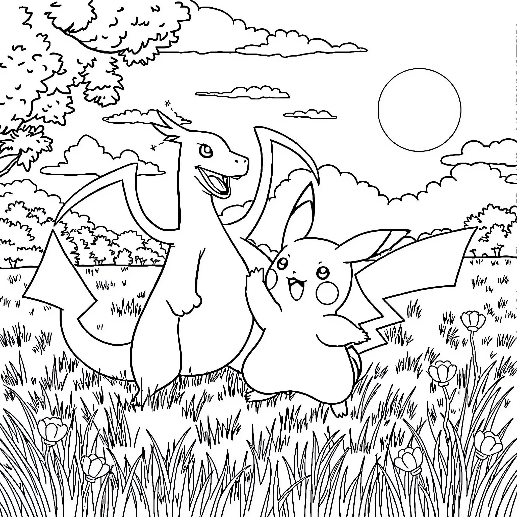 Pikachu and its Companion Explore the Wilderness Coloring Page (free black-and-white line drawing printable PDF for all, from beginners to advanced learners, including children, teens, adults, and seniors)