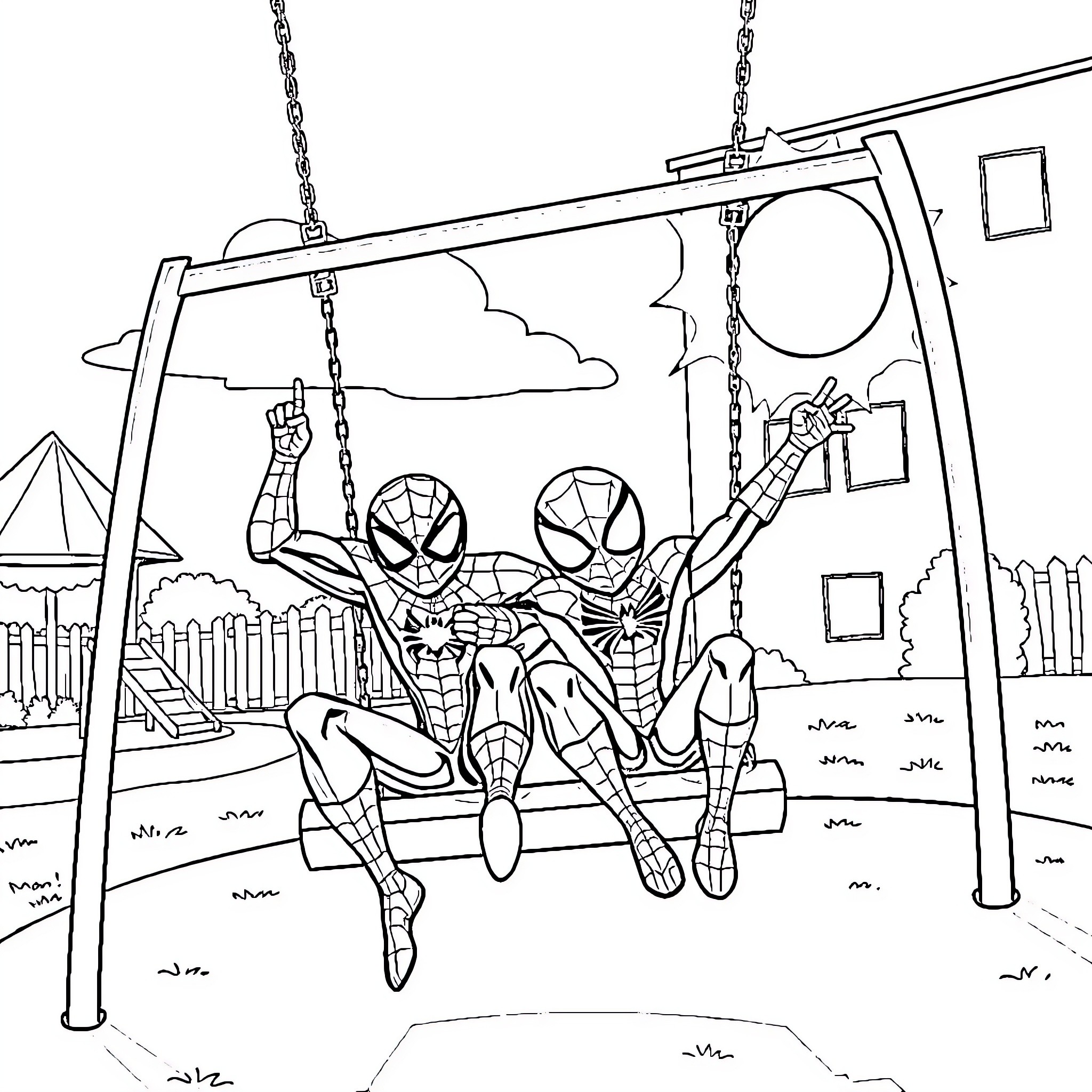 Spiderman swinging through the city Coloring Page (free black-and-white line drawing printable PDF for all, from beginners to advanced learners, including children, teens, adults, and seniors)