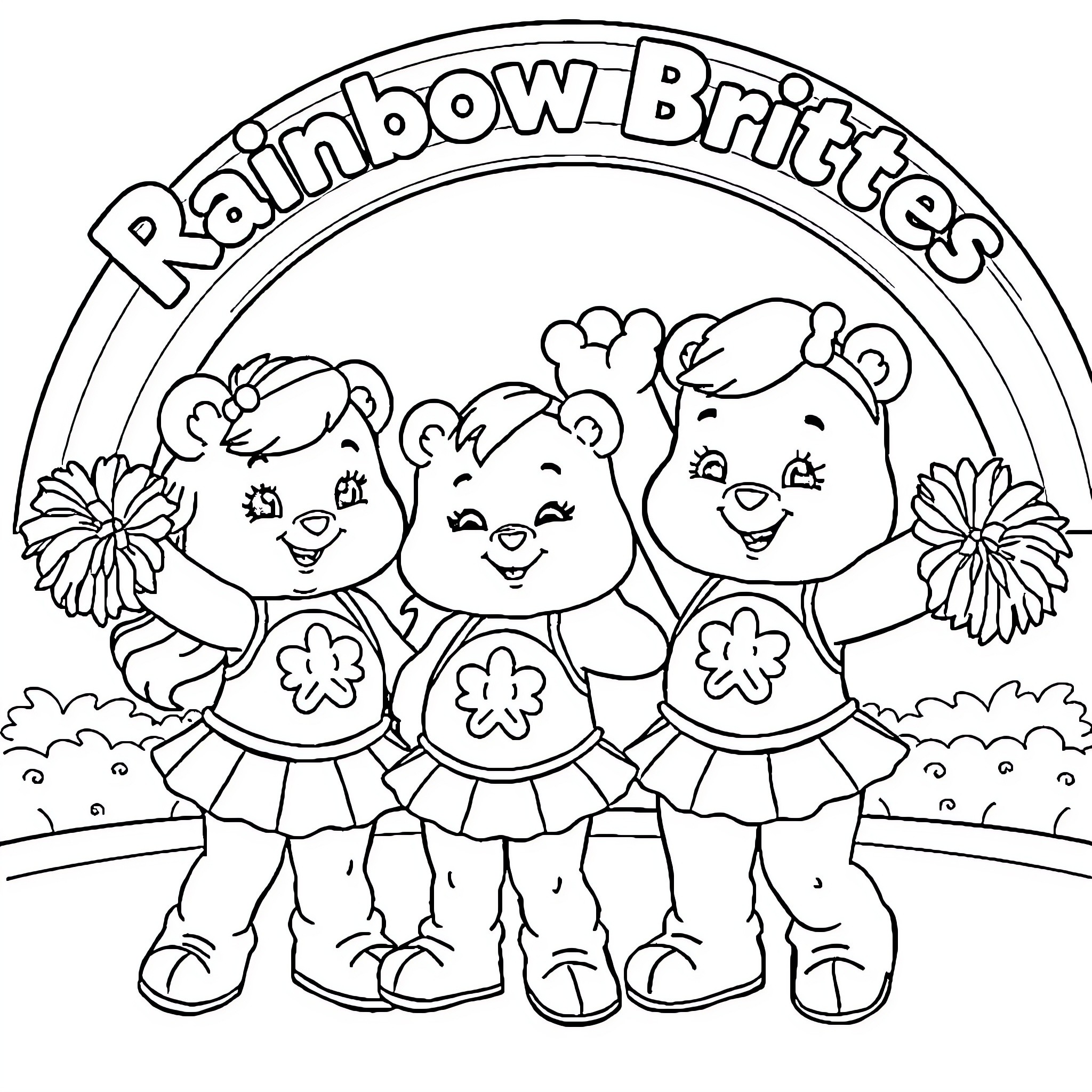 Rainbow Brites dancing happily in a floral meadow Coloring Page (free black-and-white line drawing printable PDF for all, from beginners to advanced learners, including children, teens, adults, and seniors)