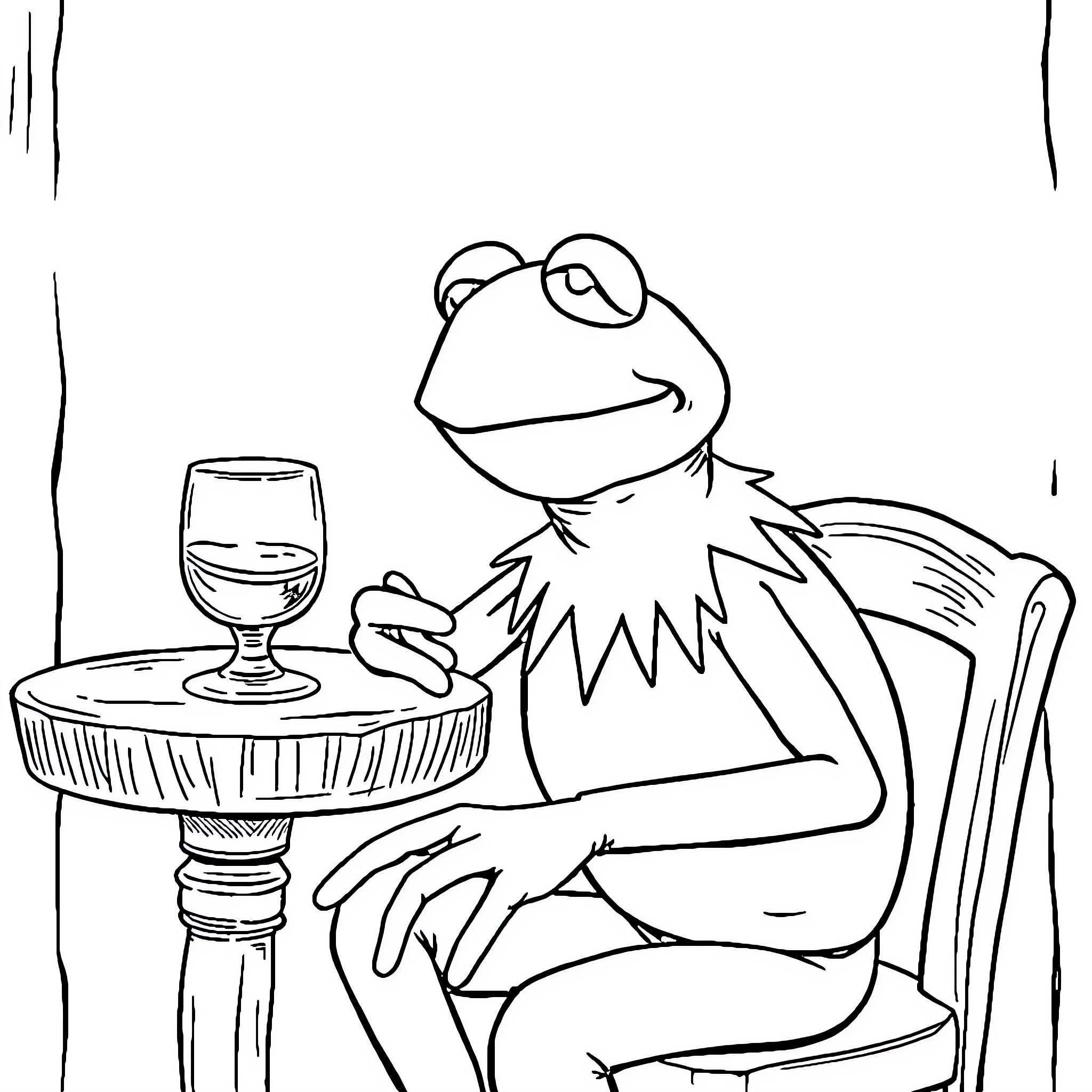 Kermit enjoying a glass of wine Coloring Page (free black-and-white line drawing printable PDF for all, from beginners to advanced learners, including children, teens, adults, and seniors)