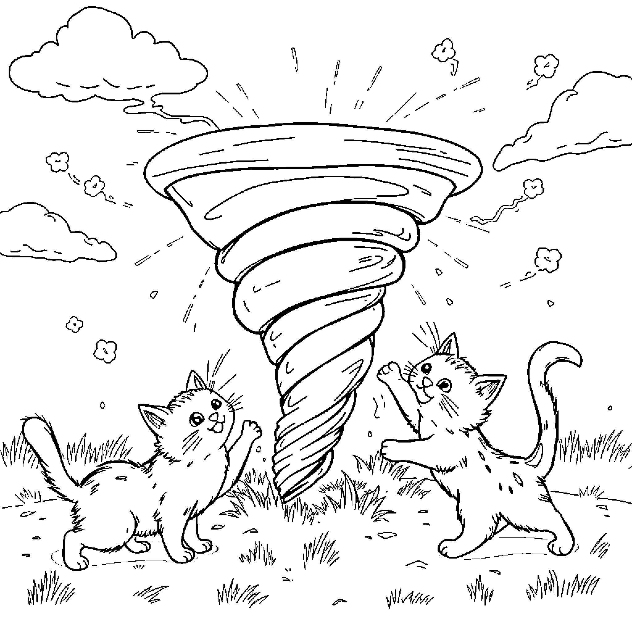 Cats amid a swirling tornado Coloring Page (free black-and-white line drawing printable PDF for all, from beginners to advanced learners, including children, teens, adults, and seniors)