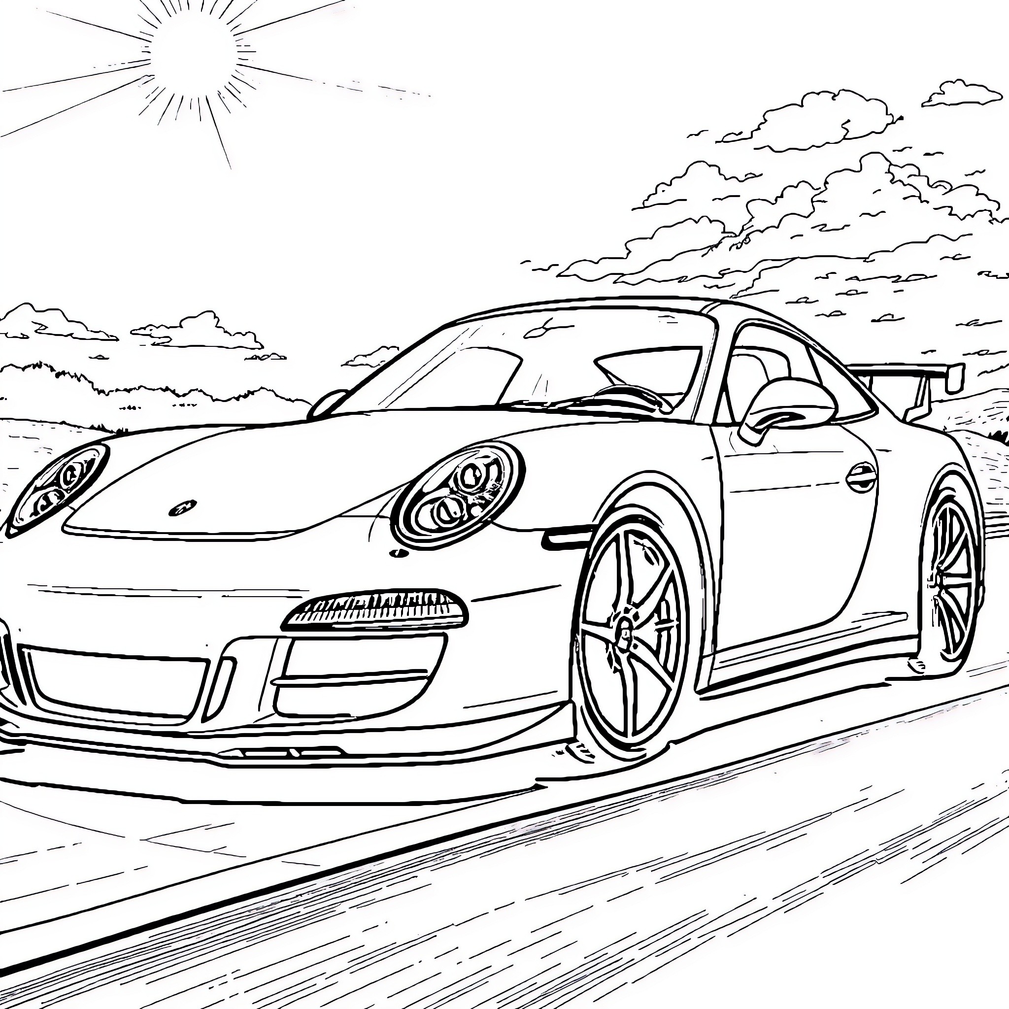 Porsche sports car speeding through the countryside Coloring Page (free black-and-white line drawing printable PDF for all, from beginners to advanced learners, including children, teens, adults, and seniors)