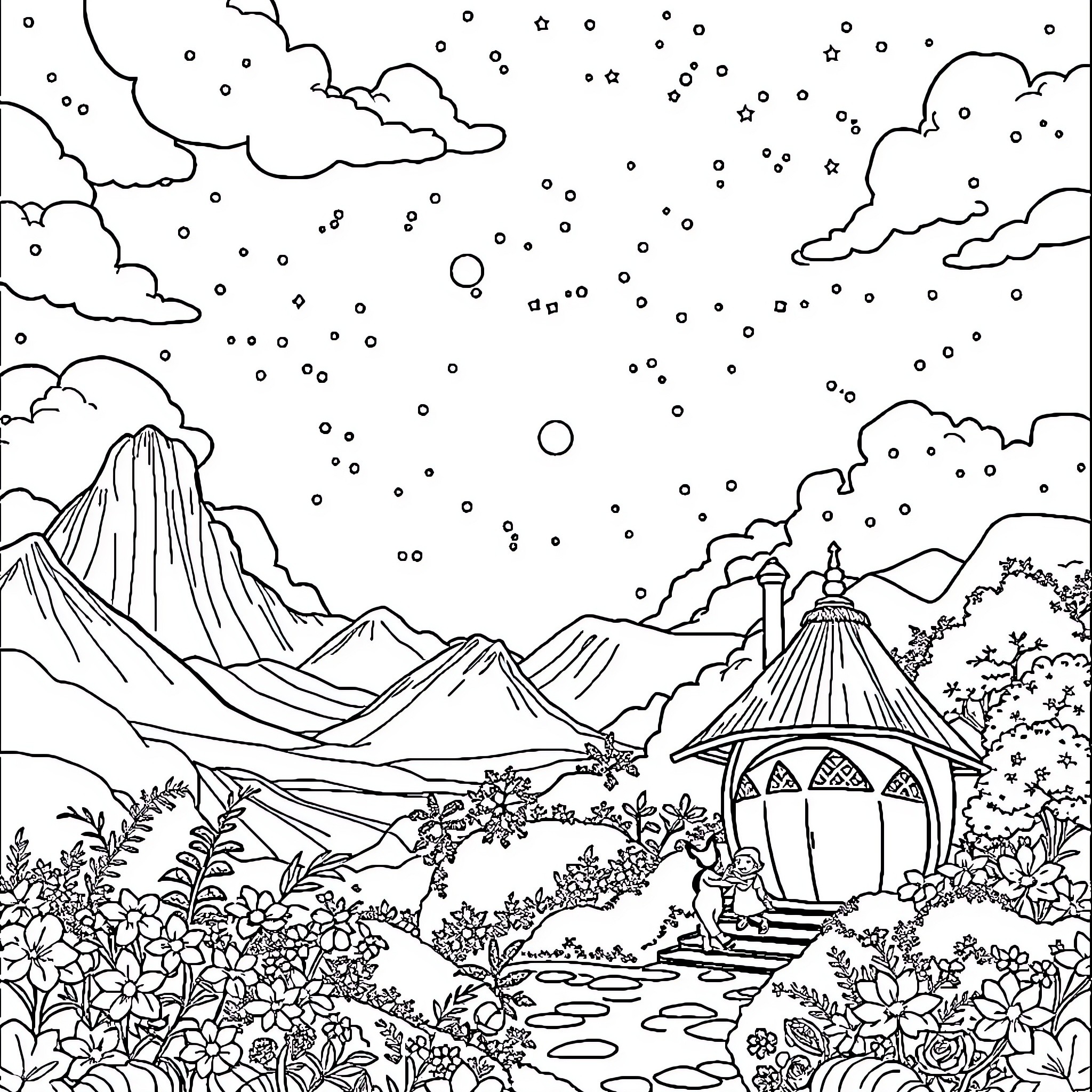 Studio Ghibli Inspired Mystical Landscape with Pavilion Coloring Page (free black-and-white line drawing printable PDF for all, from beginners to advanced learners, including children, teens, adults, and seniors)