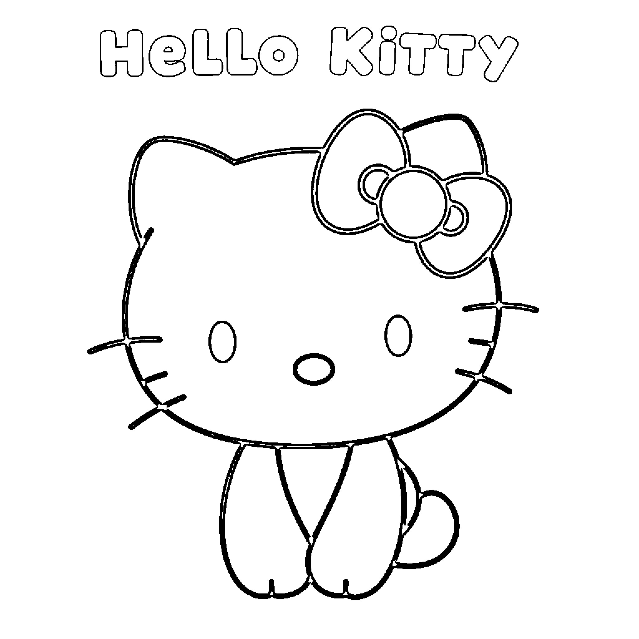 Hello Kitty smiling and sitting Coloring Page (free black-and-white line drawing printable PDF for all, from beginners to advanced learners, including children, teens, adults, and seniors)