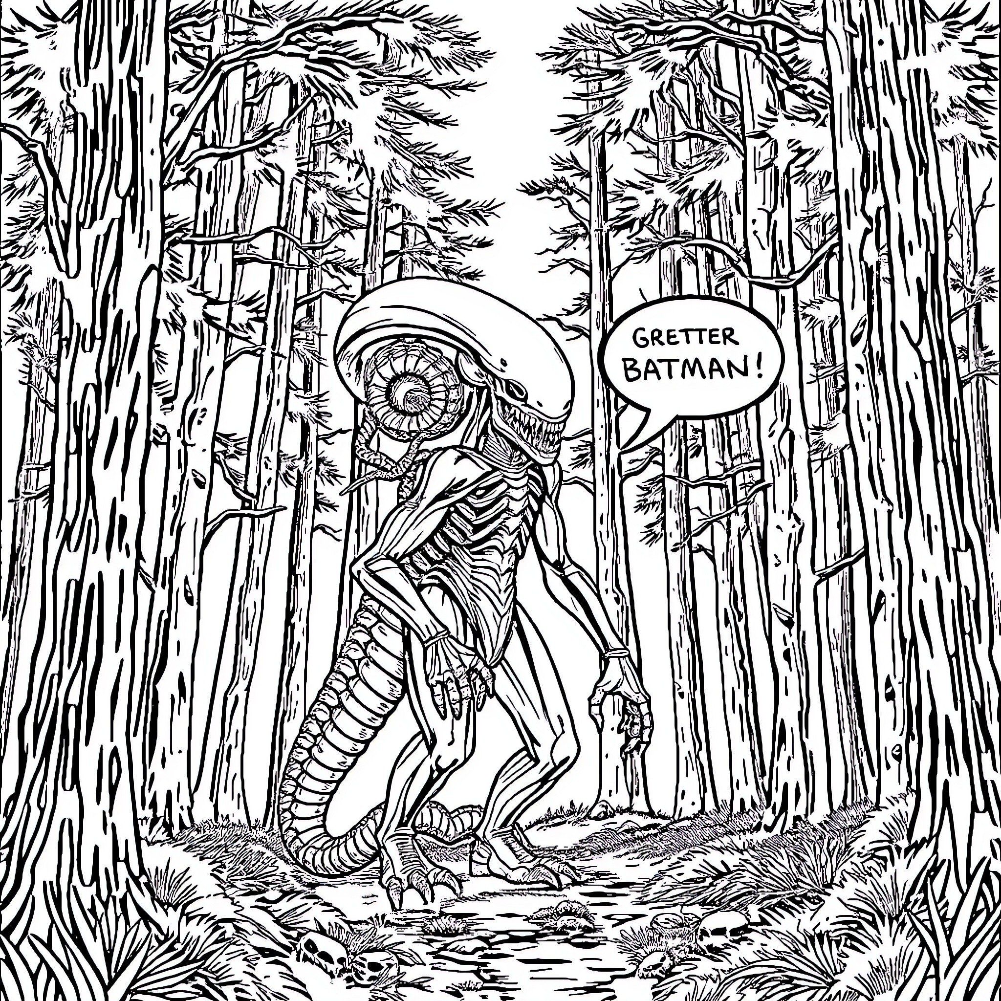 Xenomorph greets traveler in eerie forest Coloring Page (free black-and-white line drawing printable PDF for all, from beginners to advanced learners, including children, teens, adults, and seniors)