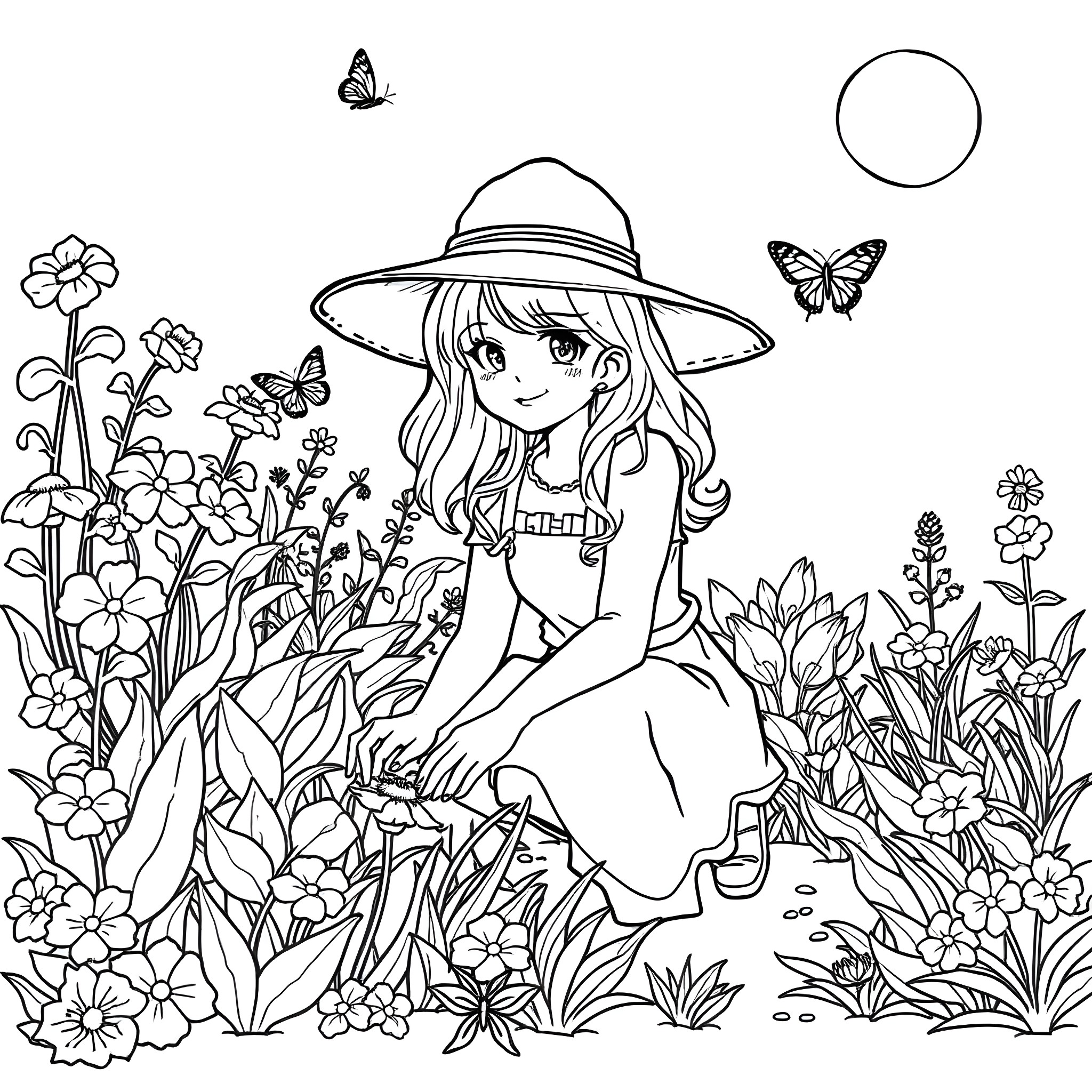 Bonnie's Enchanting Garden Adventure Coloring Page (free black-and-white line drawing printable PDF for all, from beginners to advanced learners, including children, teens, adults, and seniors)