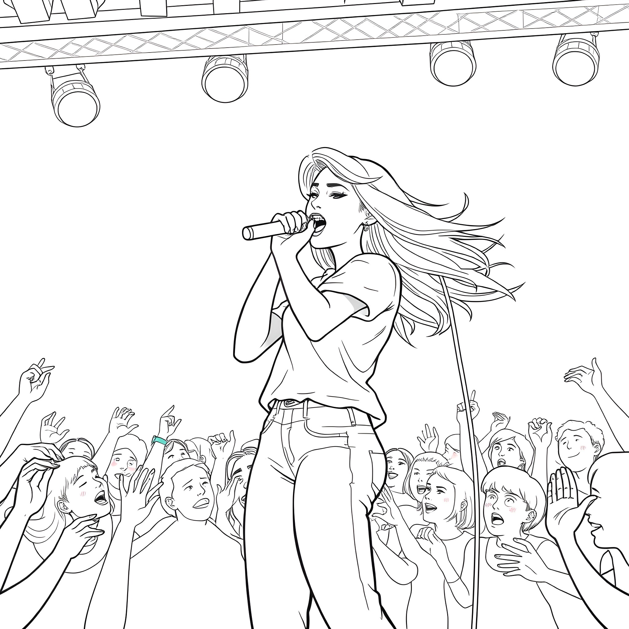 Teen Girl Singing Passionately on Stage Coloring Page (free black-and-white line drawing printable PDF for all, from beginners to advanced learners, including children, teens, adults, and seniors)