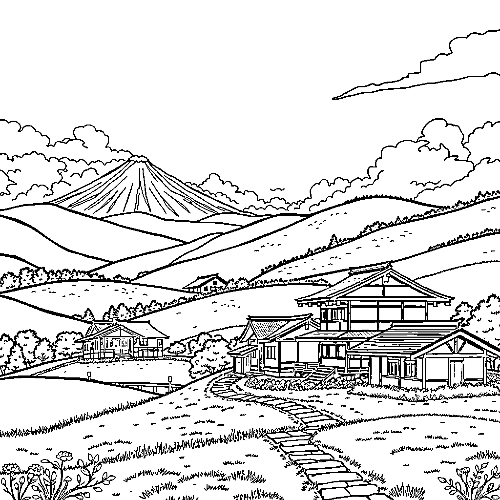 Countryside village with mountain landscape Coloring Page (free black-and-white line drawing printable PDF for all, from beginners to advanced learners, including children, teens, adults, and seniors)