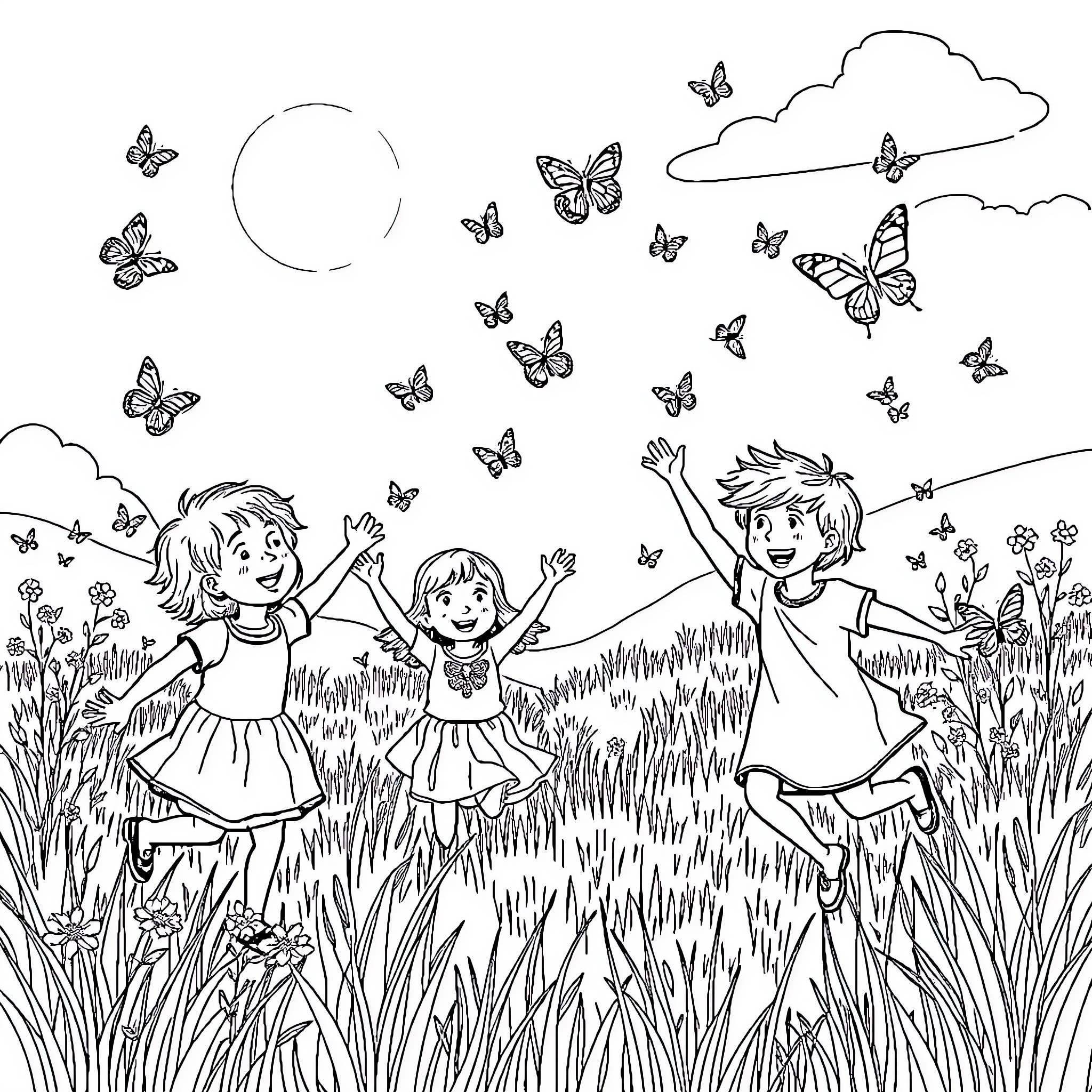 Children playing happily in a field of butterflies Coloring Page (free black-and-white line drawing printable PDF for all, from beginners to advanced learners, including children, teens, adults, and seniors)