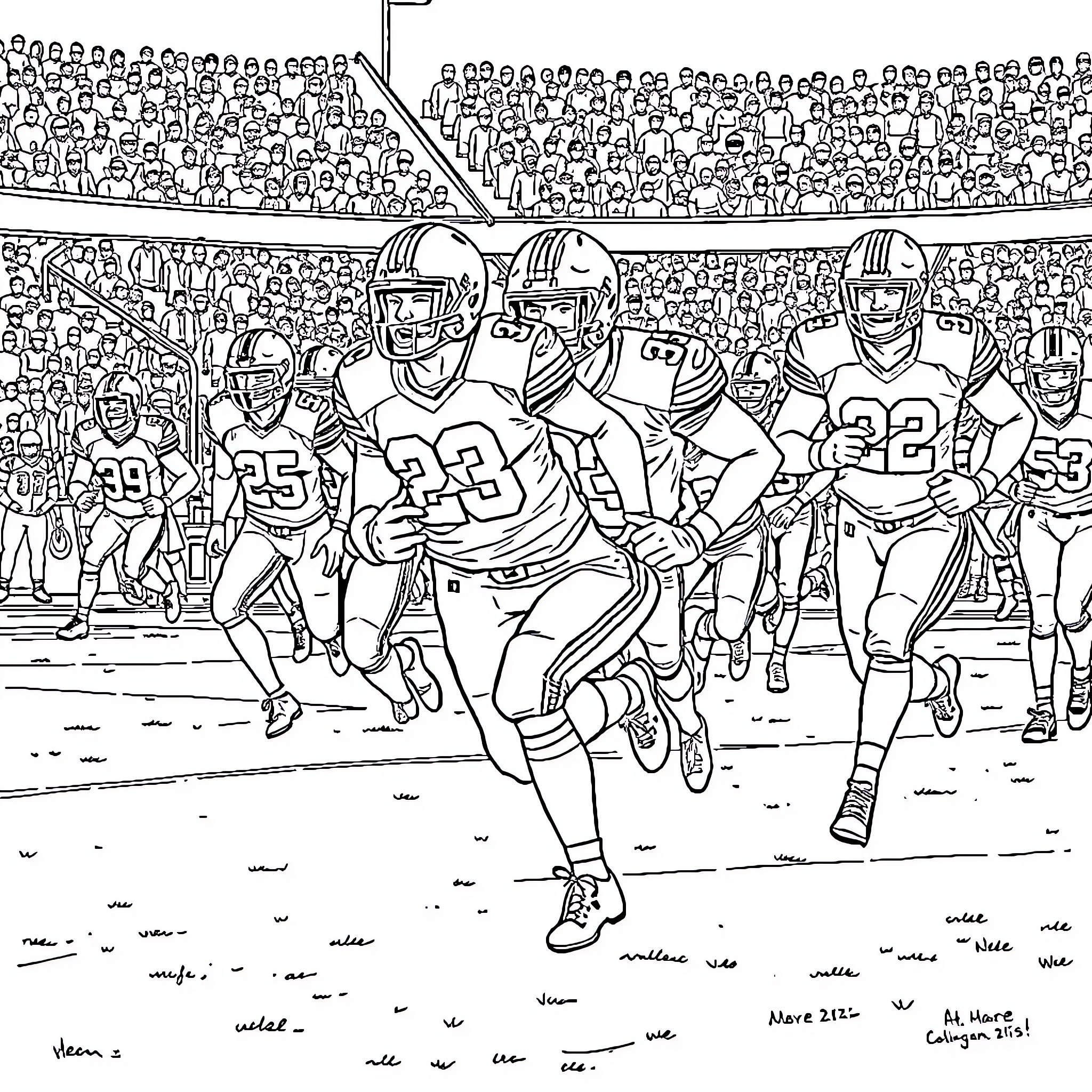 Ohio State Football Players in Action at Stadium Coloring Page (free black-and-white line drawing printable PDF for all, from beginners to advanced learners, including children, teens, adults, and seniors)
