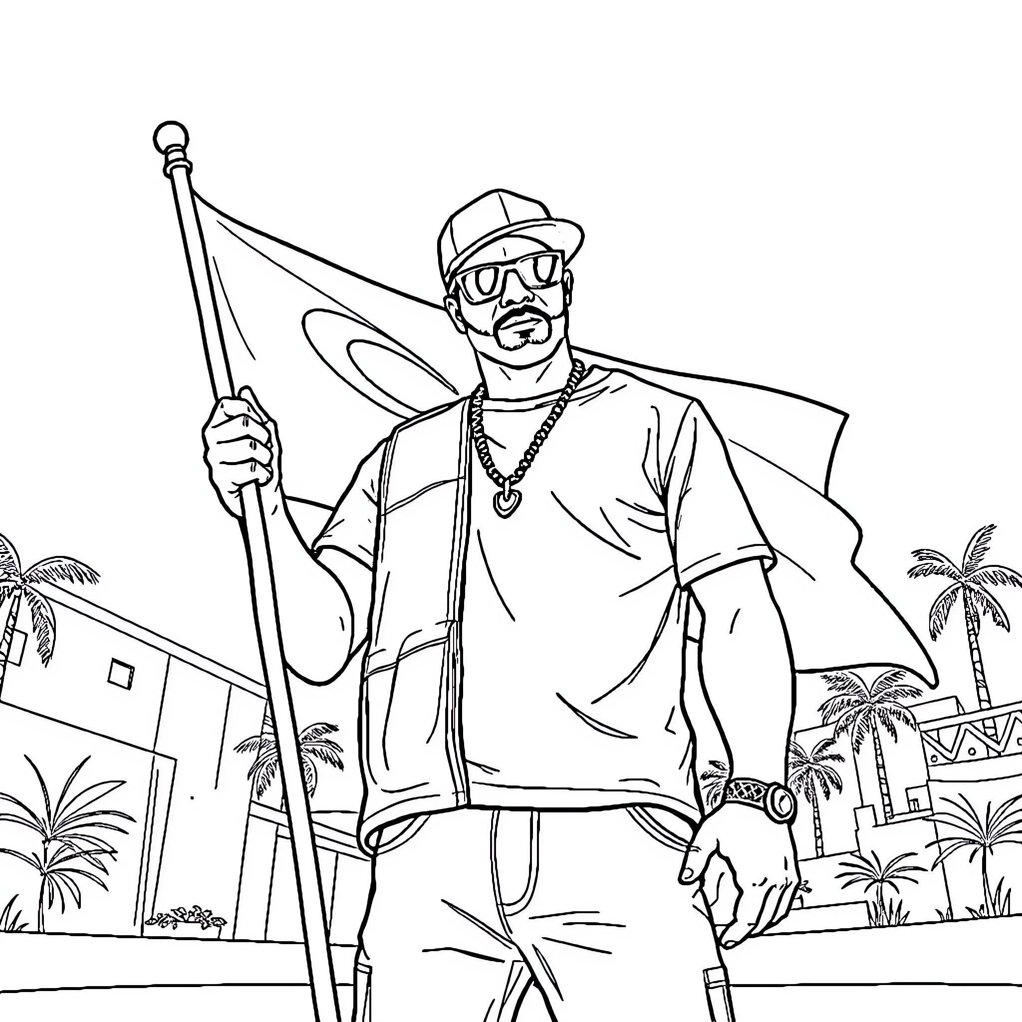 Cj waving a flag in tropical setting Coloring Page (free black-and-white line drawing printable PDF for all, from beginners to advanced learners, including children, teens, adults, and seniors)
