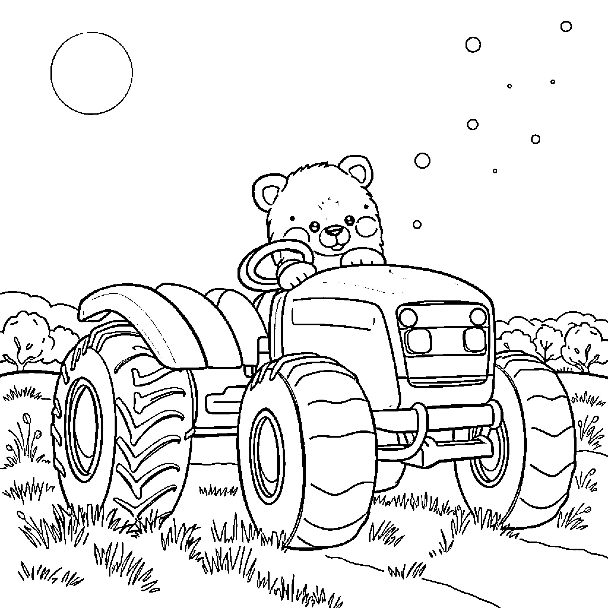 Oso riding a tractor in the countryside Coloring Page (free black-and-white line drawing printable PDF for all, from beginners to advanced learners, including children, teens, adults, and seniors)