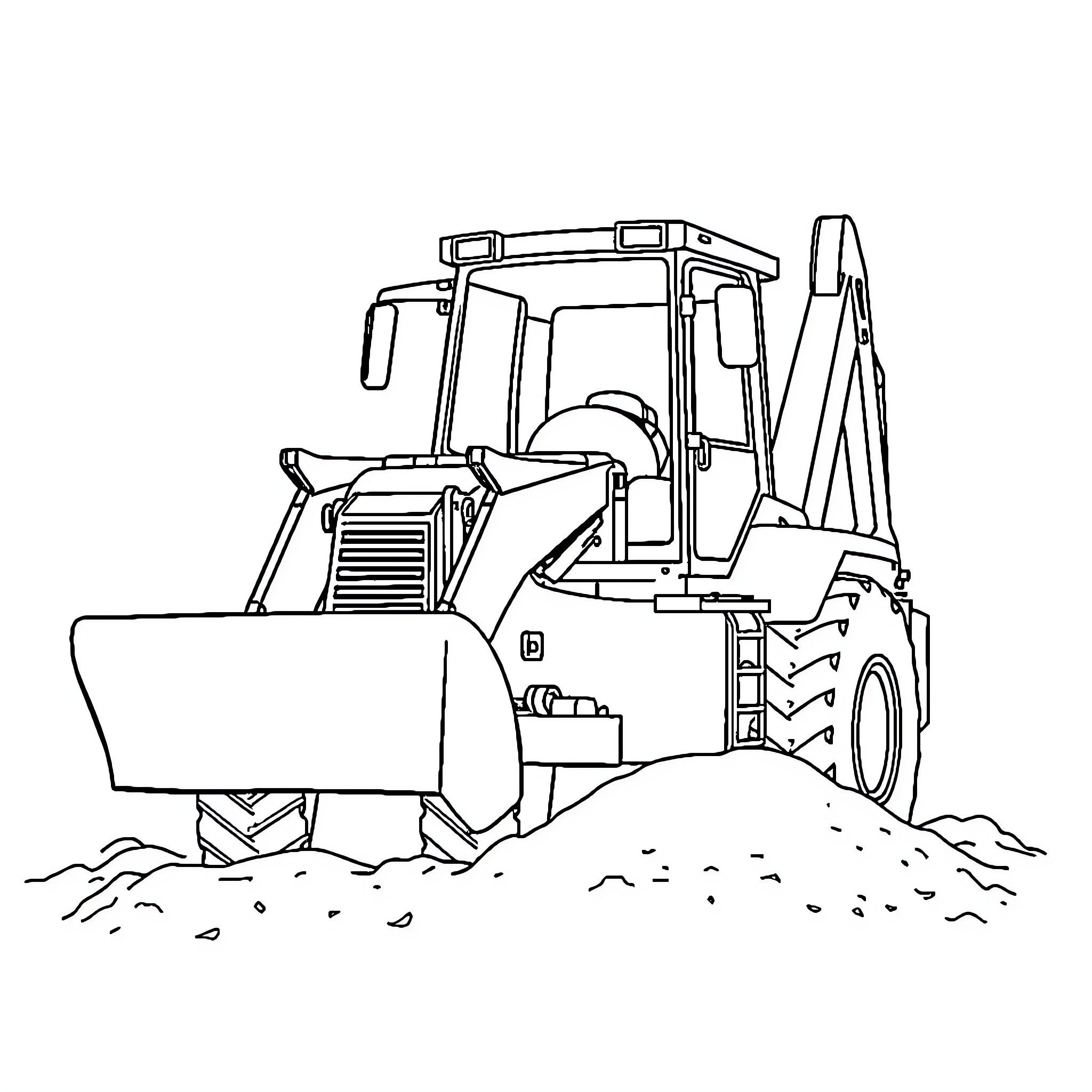 Digger at work on construction site Coloring Page (free black-and-white line drawing printable PDF for all, from beginners to advanced learners, including children, teens, adults, and seniors)
