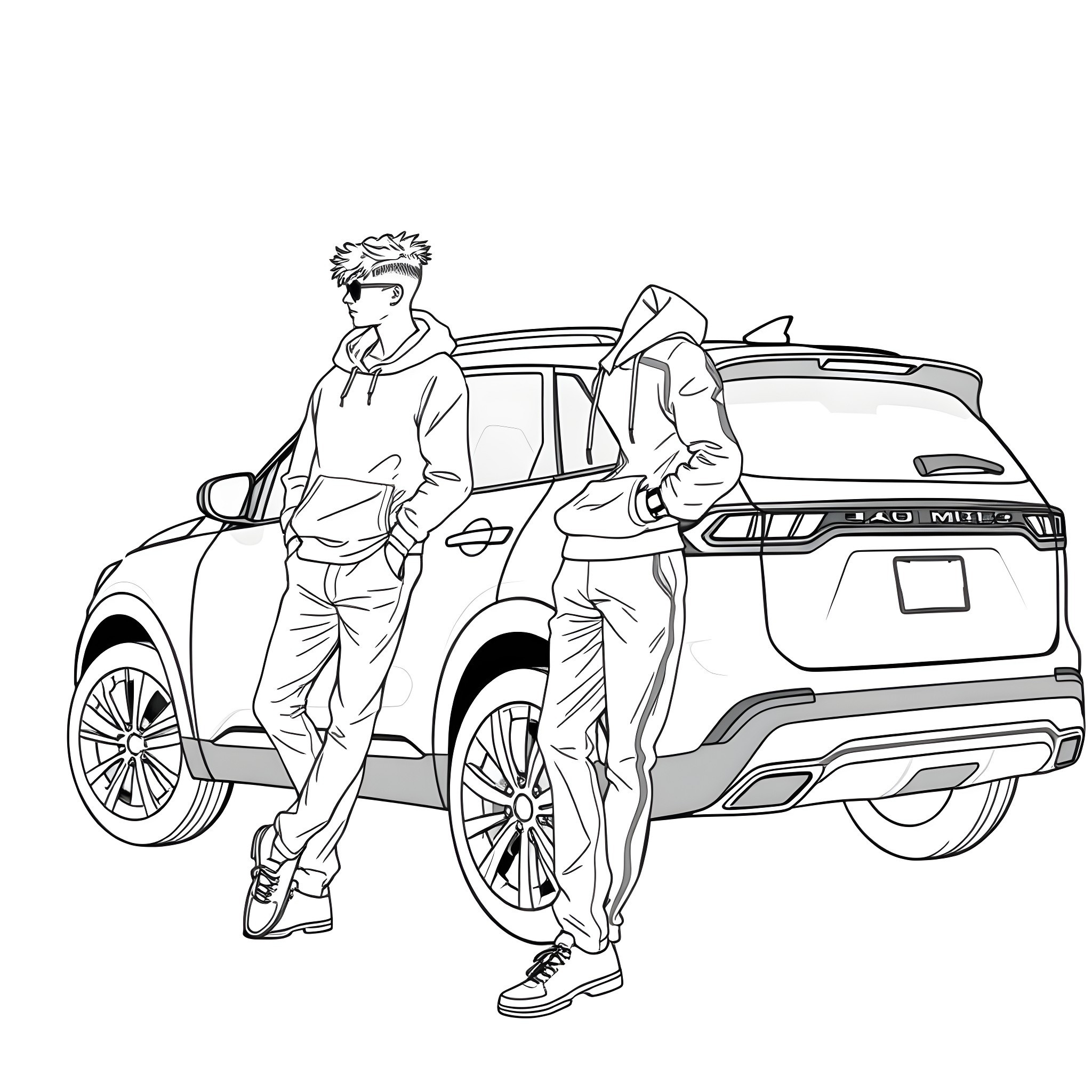 Teen Guy Hanging out with Friend by Stylish SUV Coloring Page (free black-and-white line drawing printable PDF for all, from beginners to advanced learners, including children, teens, adults, and seniors)