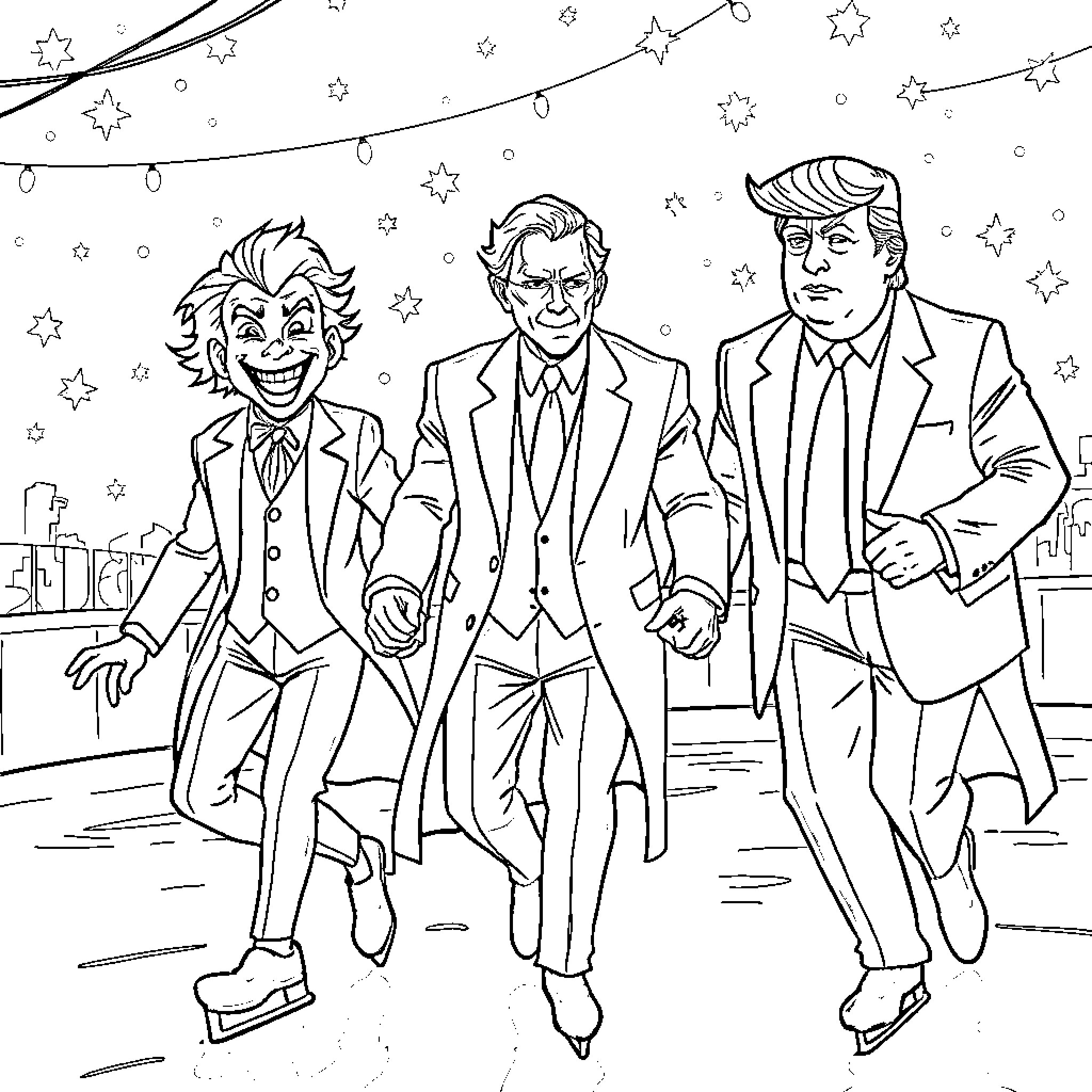 Joker and two men in suits walking in the city Coloring Page (free black-and-white line drawing printable PDF for all, from beginners to advanced learners, including children, teens, adults, and seniors)