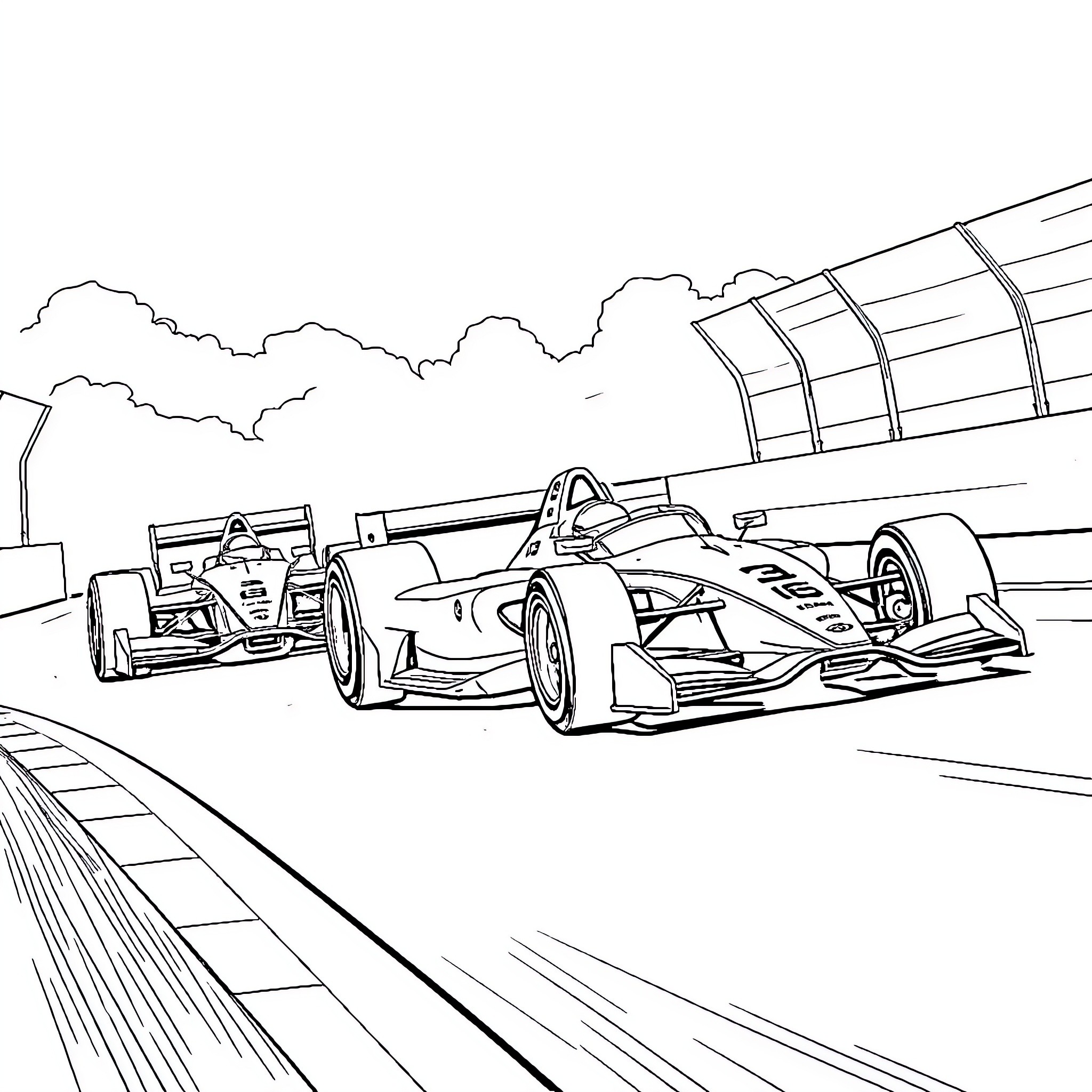Formula Cars Racing on the Track Coloring Page (free black-and-white line drawing printable PDF for all, from beginners to advanced learners, including children, teens, adults, and seniors)