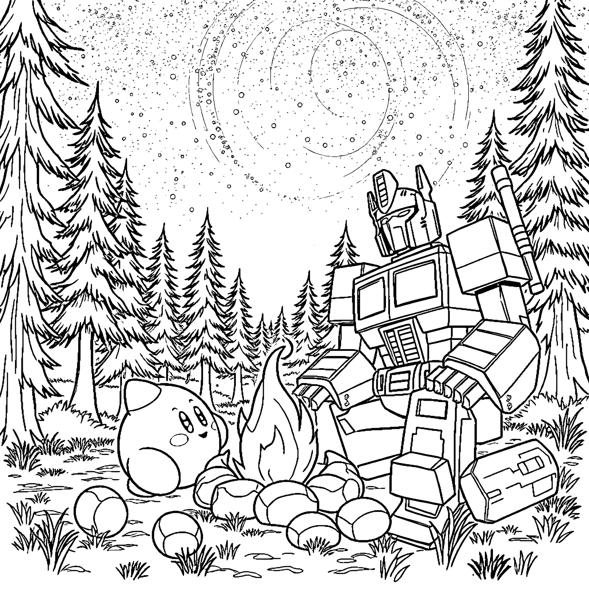 Kirby and Transformers in a Snowy Forest Coloring Page (free black-and-white line drawing printable PDF for all, from beginners to advanced learners, including children, teens, adults, and seniors)