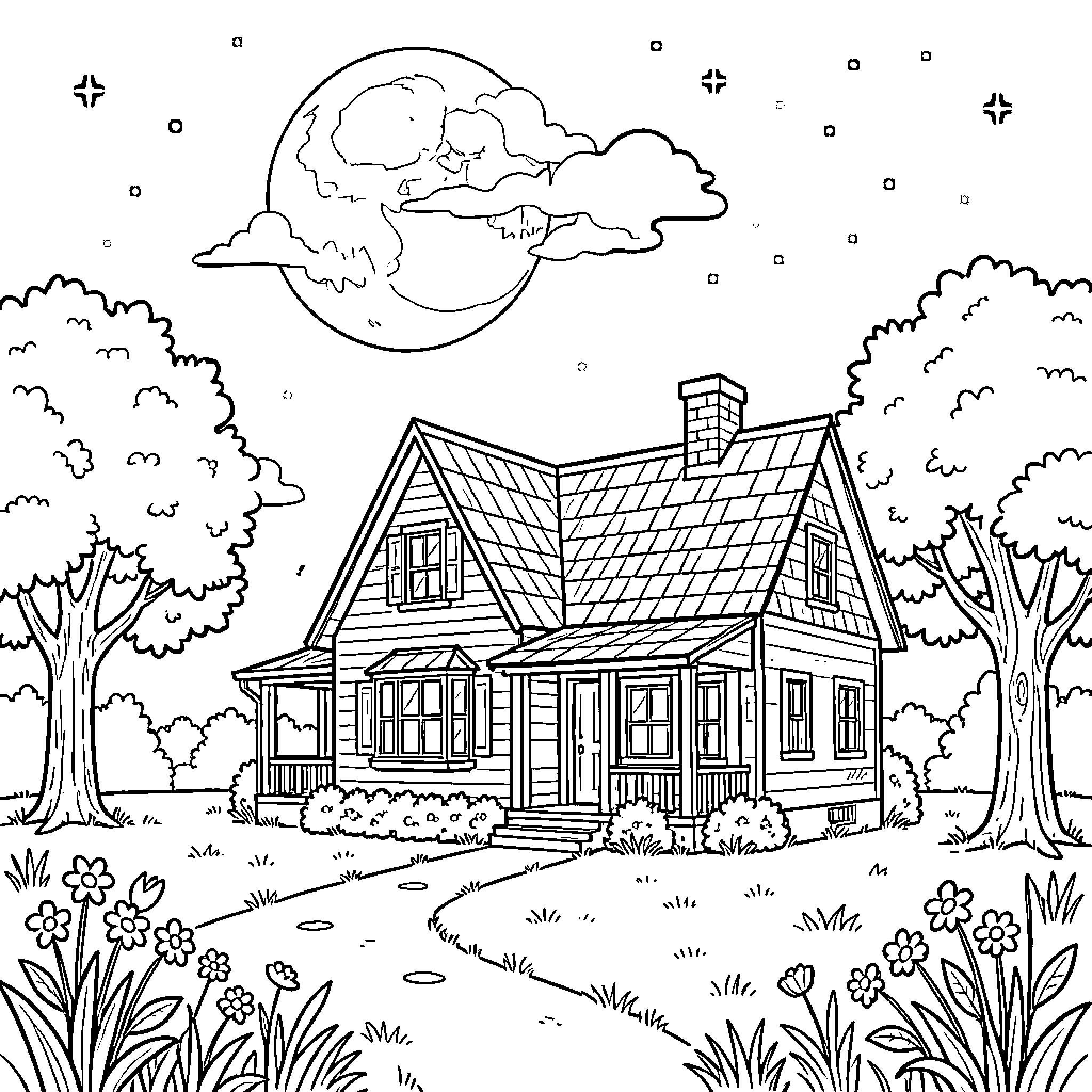 House in a Peaceful Landscape Coloring Page (free black-and-white line drawing printable PDF for all, from beginners to advanced learners, including children, teens, adults, and seniors)
